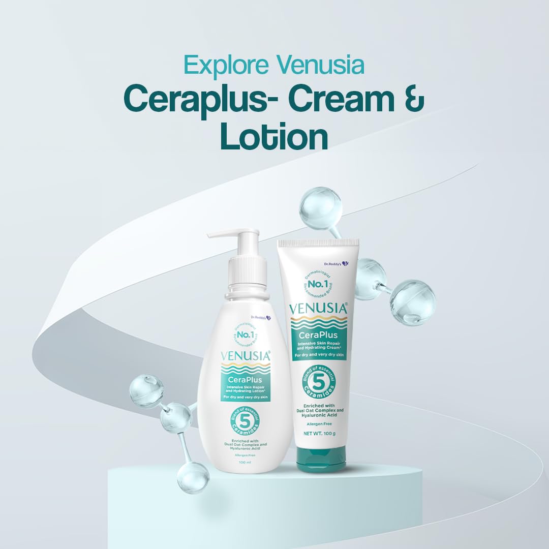Venusia Ceraplus Moisturizing Lotion for Dry Skin - 5 Essential Ceramides & Hyaluronic Acid for Deep Hydration & Skin Barrier Repair | Fragrance-Free Body Lotion with Oat Oil & Extract | 100ml | Perfect for Daily Use, Eczema & Sensitive Skin Care