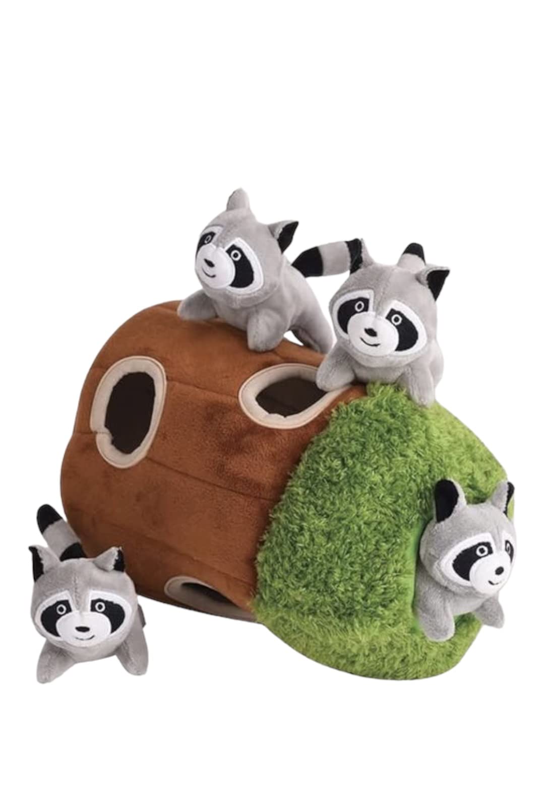 Interactive Plush Raccoon Hide and Seek Dog Toy with Squeaker - Fun Burrow Game for Small & Medium Dogs | Tree Trunk Design with Hidden Raccoon | Perfect for Indoor Play, Training & Stimulating Your Pet's Natural Hunting Instincts