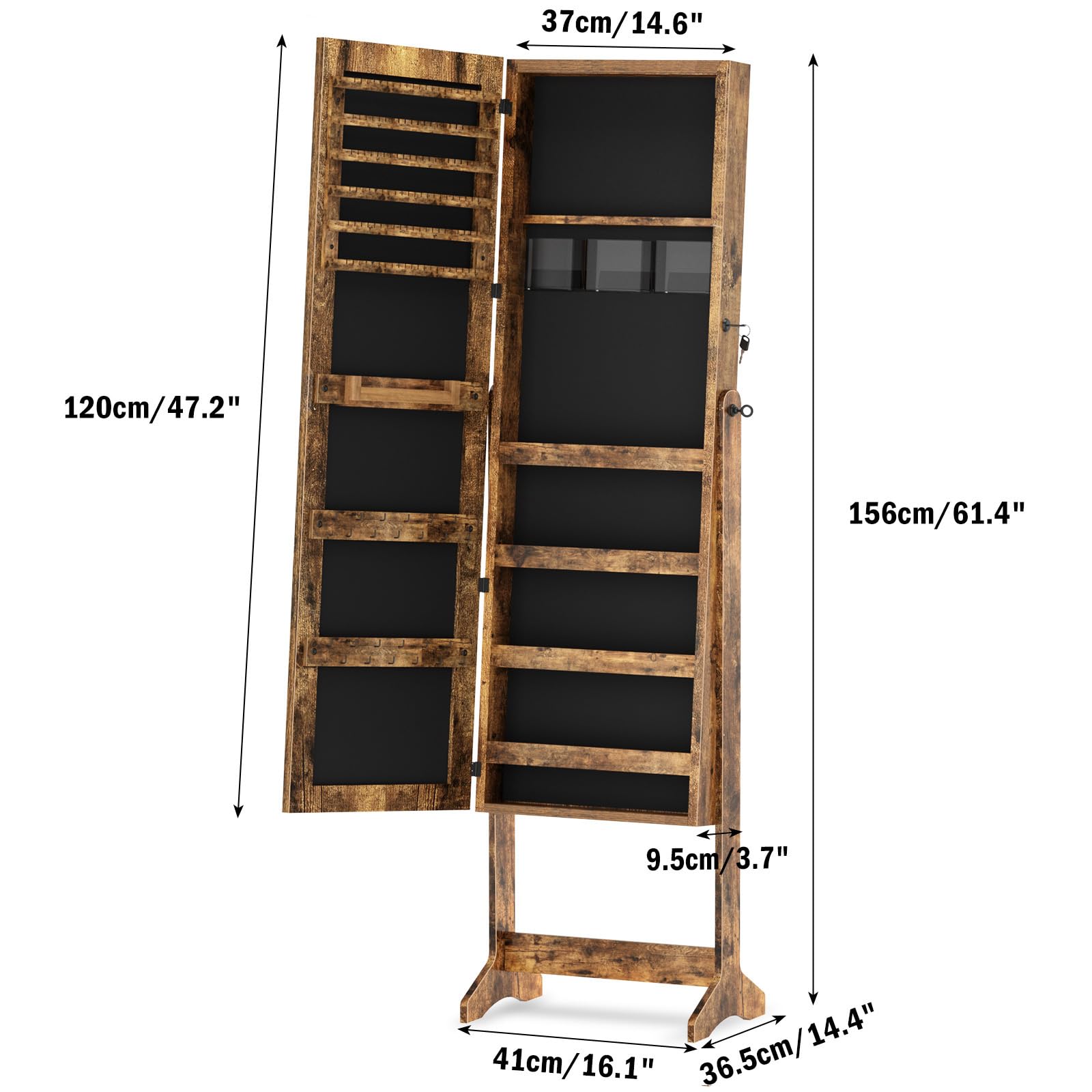 SDHYL Full Length Mirror Jewelry Cabinet with Storage - Wooden Jewelry Organizer & Makeup Mirror - Rustic Brown Standing Jewelry Box for Bedroom, Dressing Room & Vanity Area