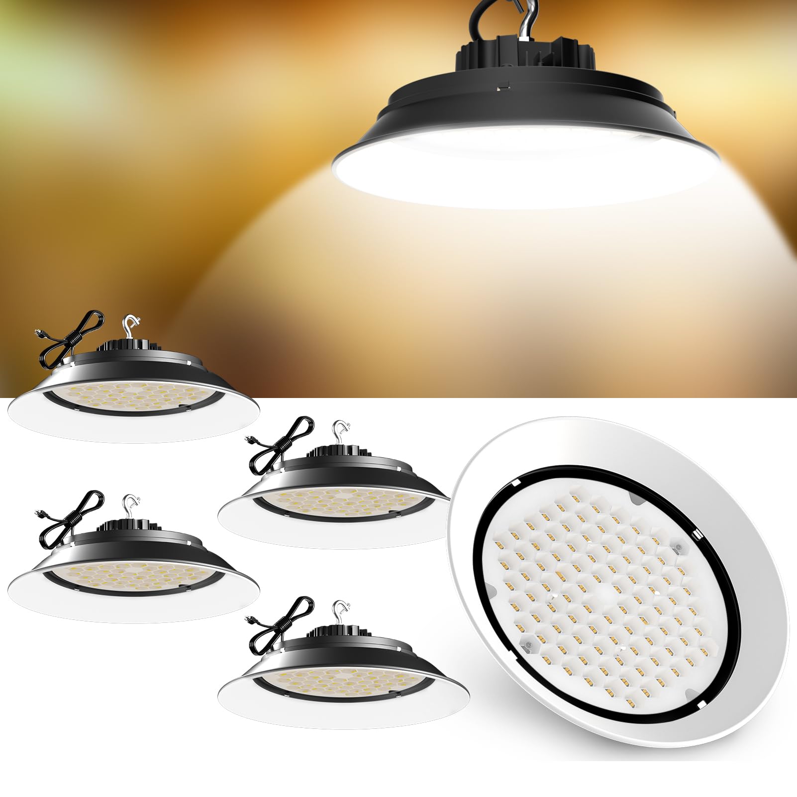 Lightdot High Bay LED Lights 250W (344X1W LED) 37500 Lumens - Equivalent to 1000W MH/HPS - AC100-277V UFO LED Shop Lighting with Diffuser - 4 Pack - 5 Year Warranty - Perfect for Warehouses, Factories & Commercial Spaces