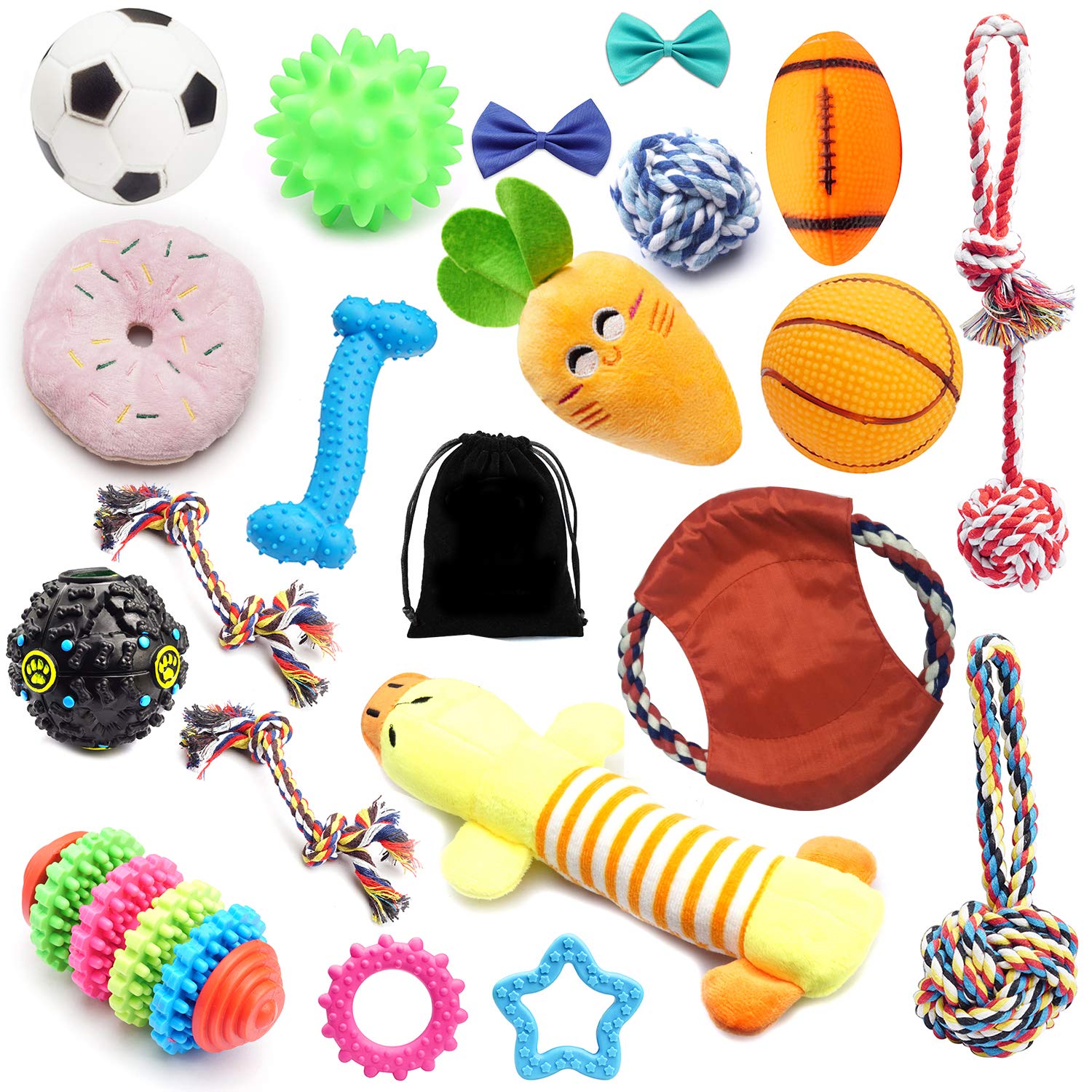 (13+7 Pack) SZKOKUHO Puppy Dog Chew Toys Set - Plush Toys, Rope Toys, Squeaky Toys, Chew Toys, Ball Toys, Bone Toy, Flying Discs & Bow Tie for Small to Medium Dogs - Perfect for Playtime, Training & Teething Relief