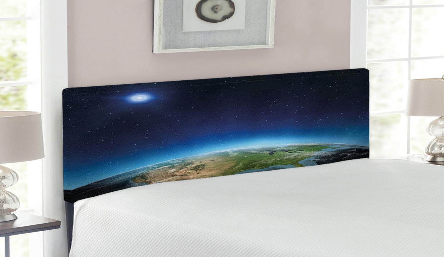 Ambesonne Earth Headboard - Queen Size Upholstered Decorative Metal Bed Headboard with Memory Foam | North America Continent Globe Design in Indigo Pale Blue Green | Perfect for Bedroom Decor, Space Theme Rooms & Astronomy Lovers