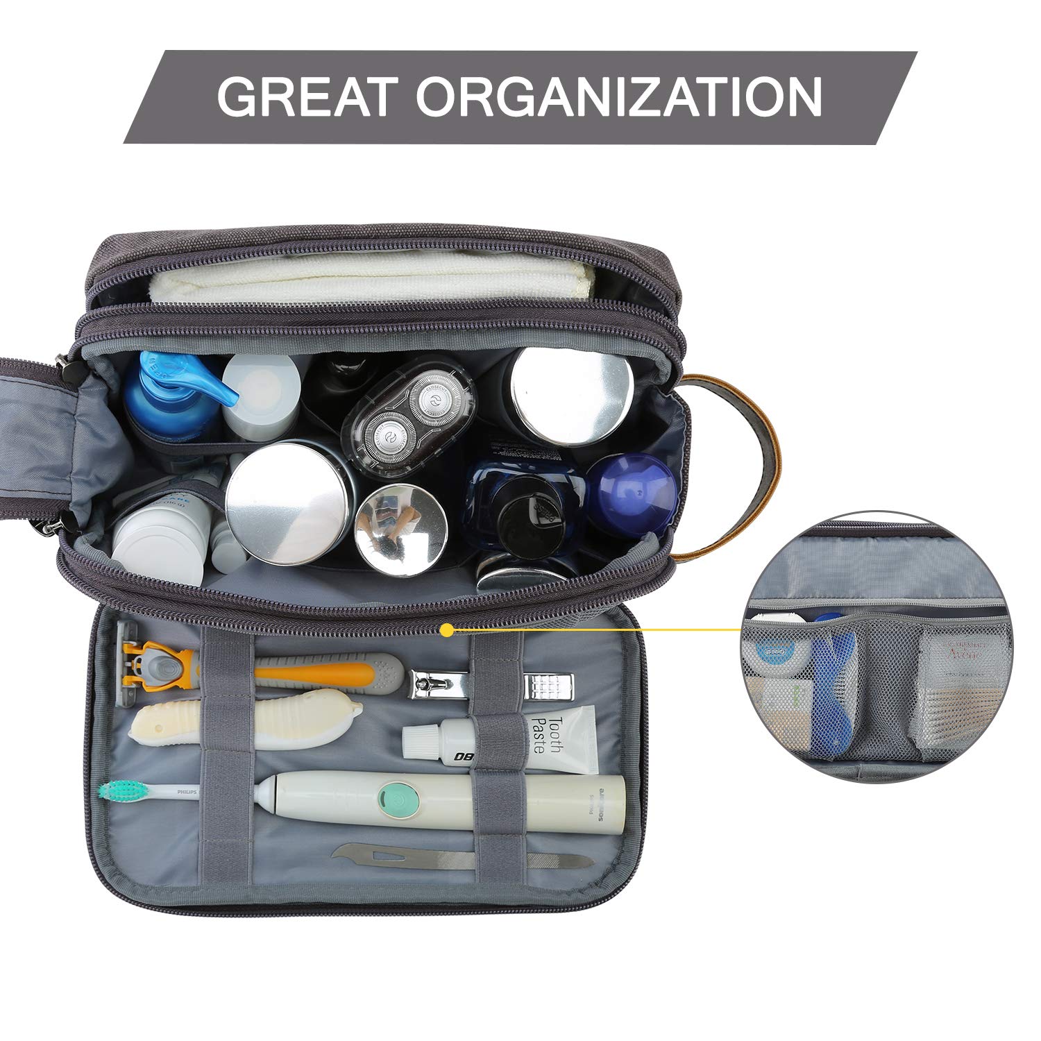 BAGSMART Men's Water-Resistant Canvas Travel Toiletry Bag - Medium Grey Dopp Kit Organizer for Shaving & Toiletries Accessories | Perfect for Business Trips, Camping & Gym Essentials