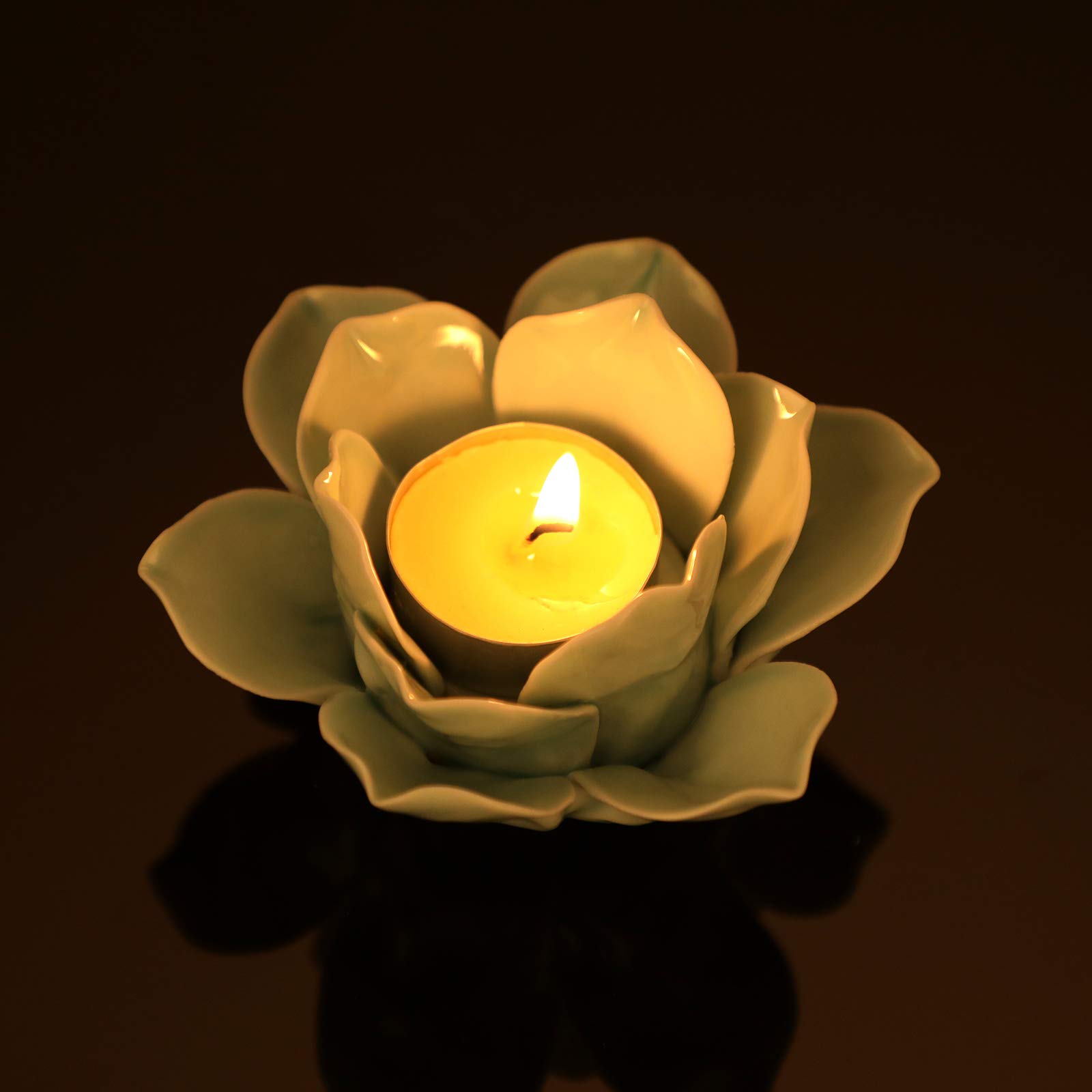 OwnMy 4.5 Inch Green Ceramic Lotus Flower Tealight Holder - Elegant Lotus Petals Candle Holder for Home Decor, Wedding, Party & Meditation - Includes Gift Box | Perfect for Centerpieces, Spa Relaxation & Yoga Room Ambiance
