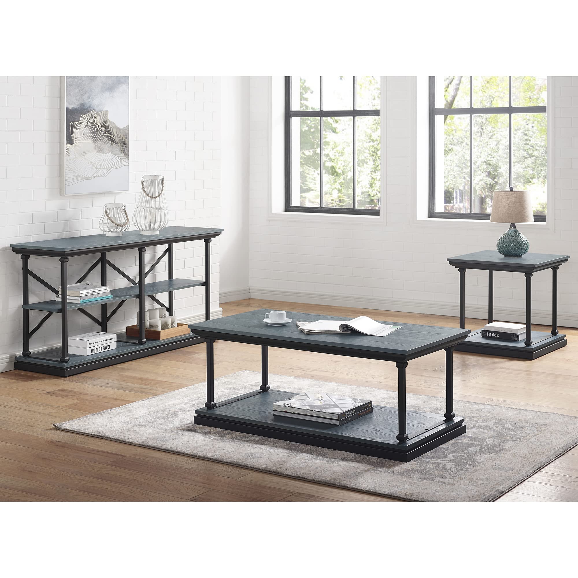 Ambridge Farmhouse Metal and Wood End Table with Storage - 24 Inch Square Side Table for Living Room, Bedroom - Antique Blue Finish - Perfect for Small Spaces, Home Decor and Farmhouse Style Interiors