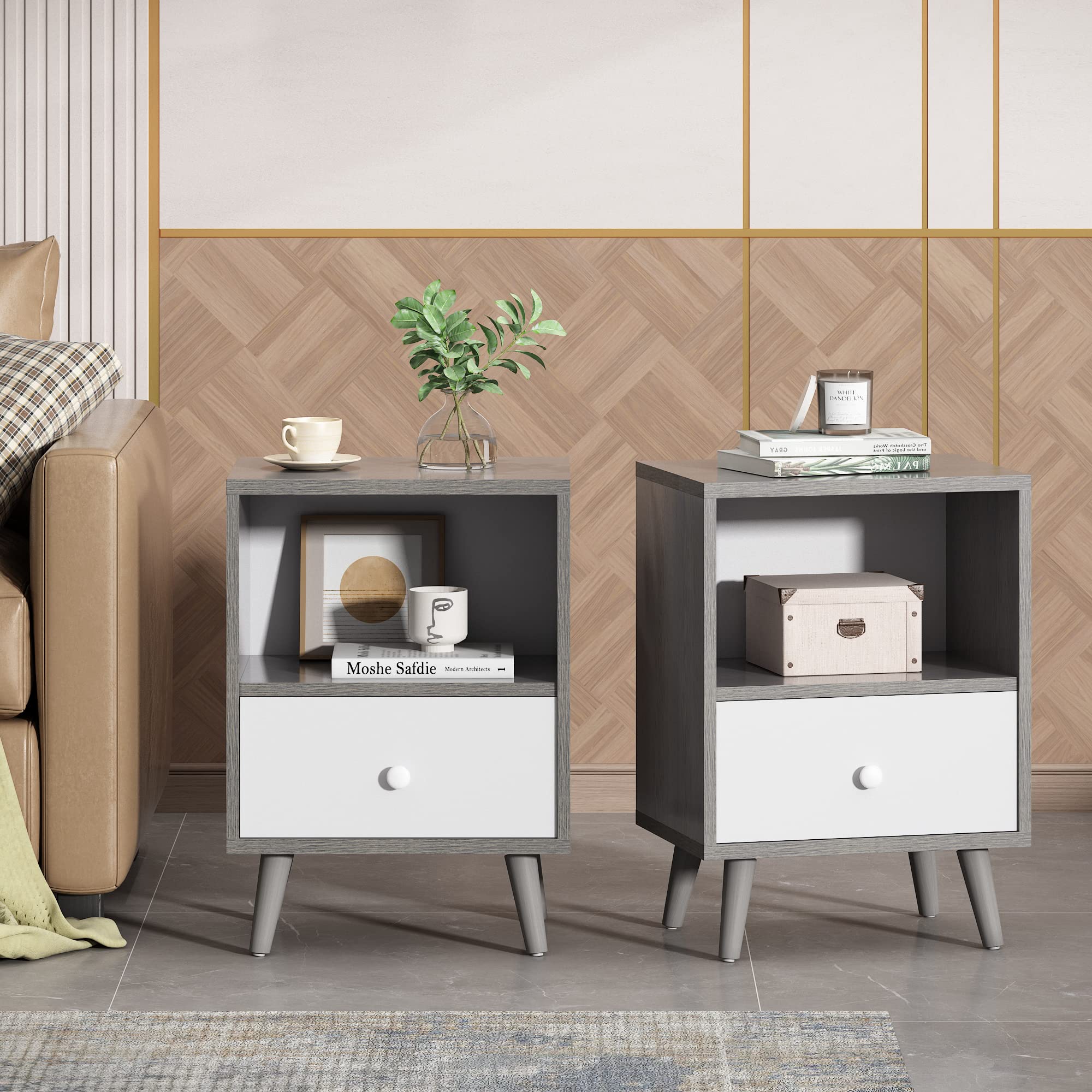 JAXPETY Nightstands Set of 2 - Modern Bedside Tables with Drawer & Open Shelf, Solid Wood Legs, End Table or Side Table for Bedroom (2-Pack, Grey) | Perfect for Small Spaces, Guest Rooms & Apartment Living
