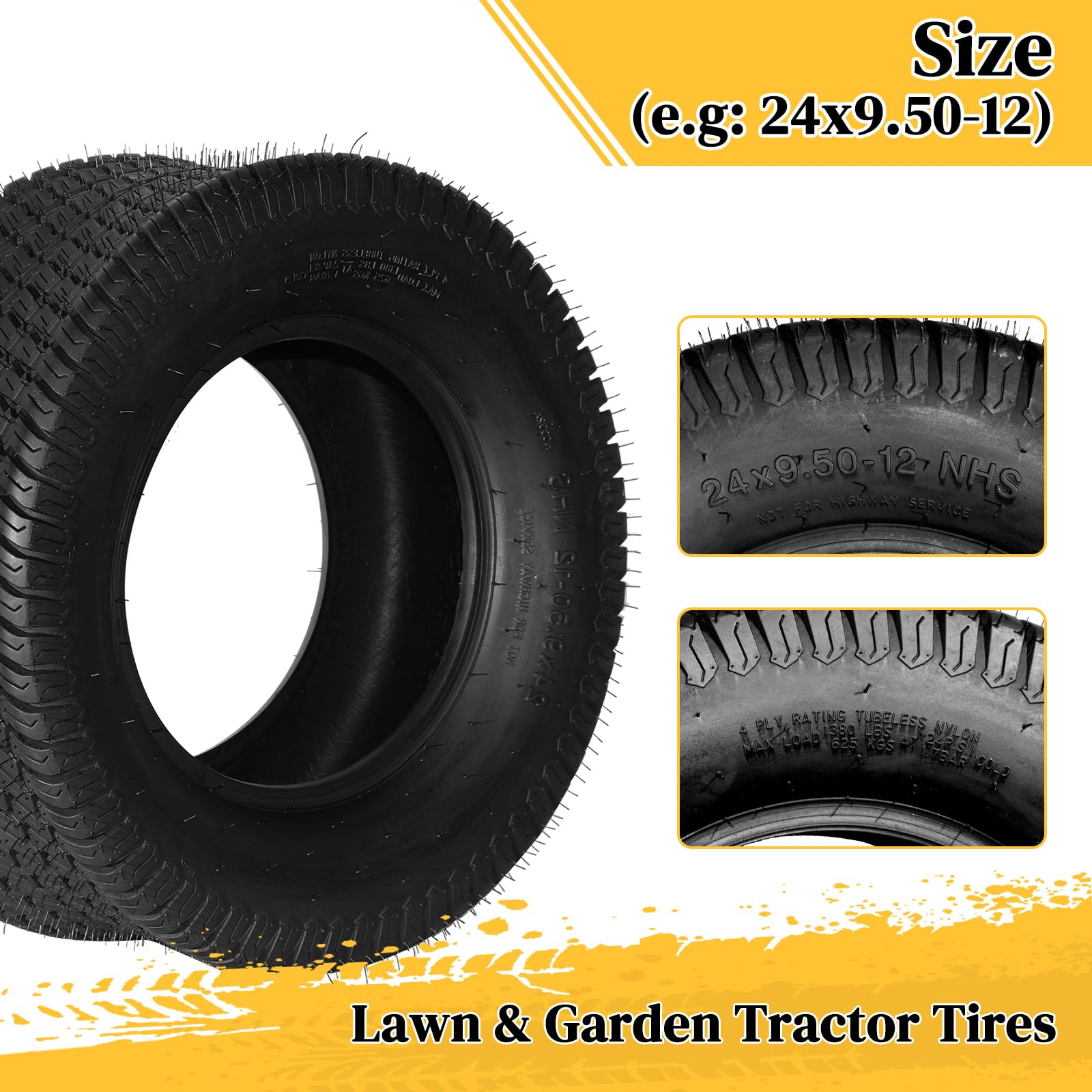 Set of 2 24x9.50-12 Tubeless Bias Tires - 4PR LRB for Lawn Mowers, Golf Carts & Tractors | Heavy-Duty Turf Tires for All-Terrain Performance, Smooth Ride & Enhanced Traction