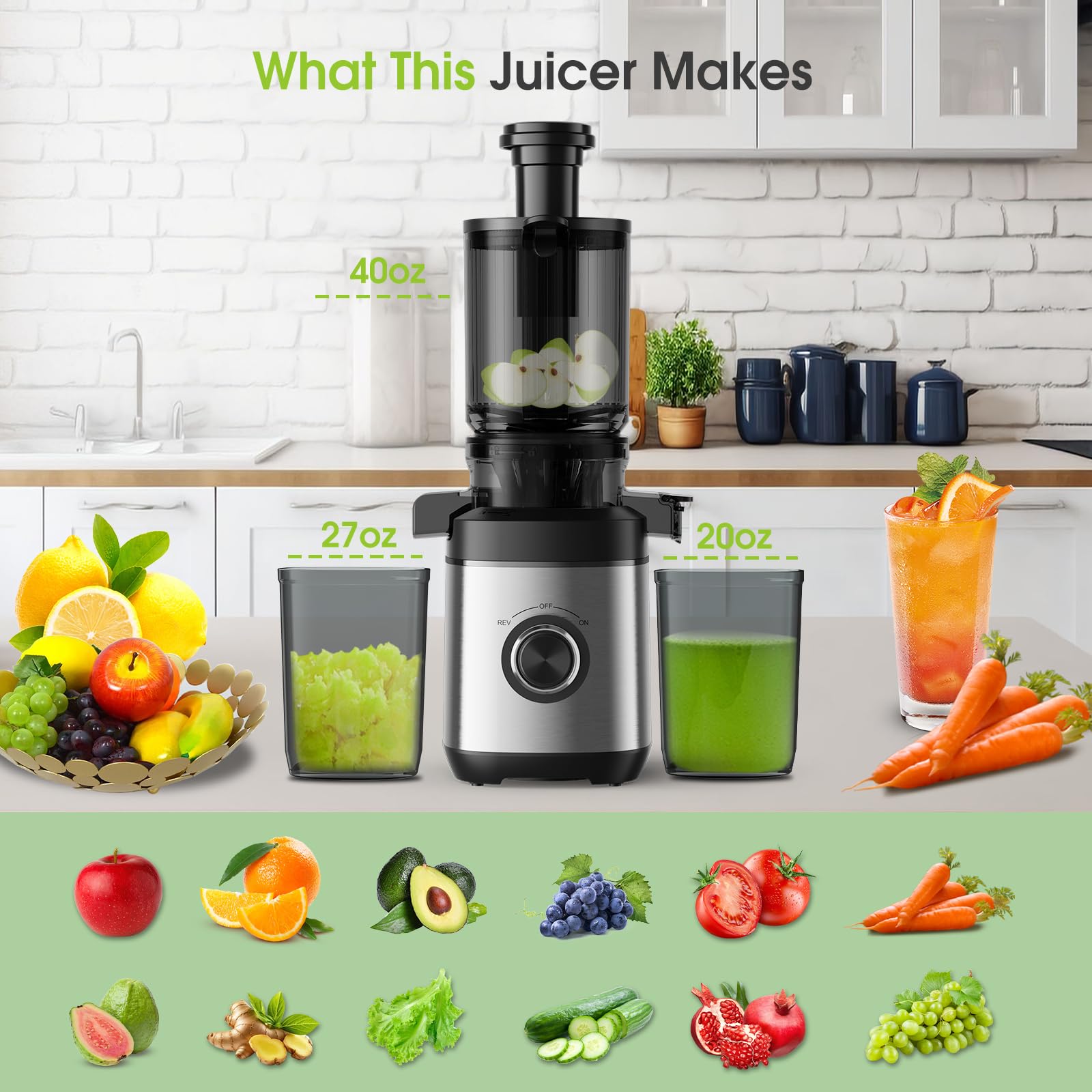 Premium Cold Press Juicer Machine - Slow Masticating Juicer for Whole Fruits & Vegetables, High Juice Yield Extractor, BPA-Free, Quiet Operation - Perfect for Healthy Juicing, Detox, and Raw Food Diets at Home