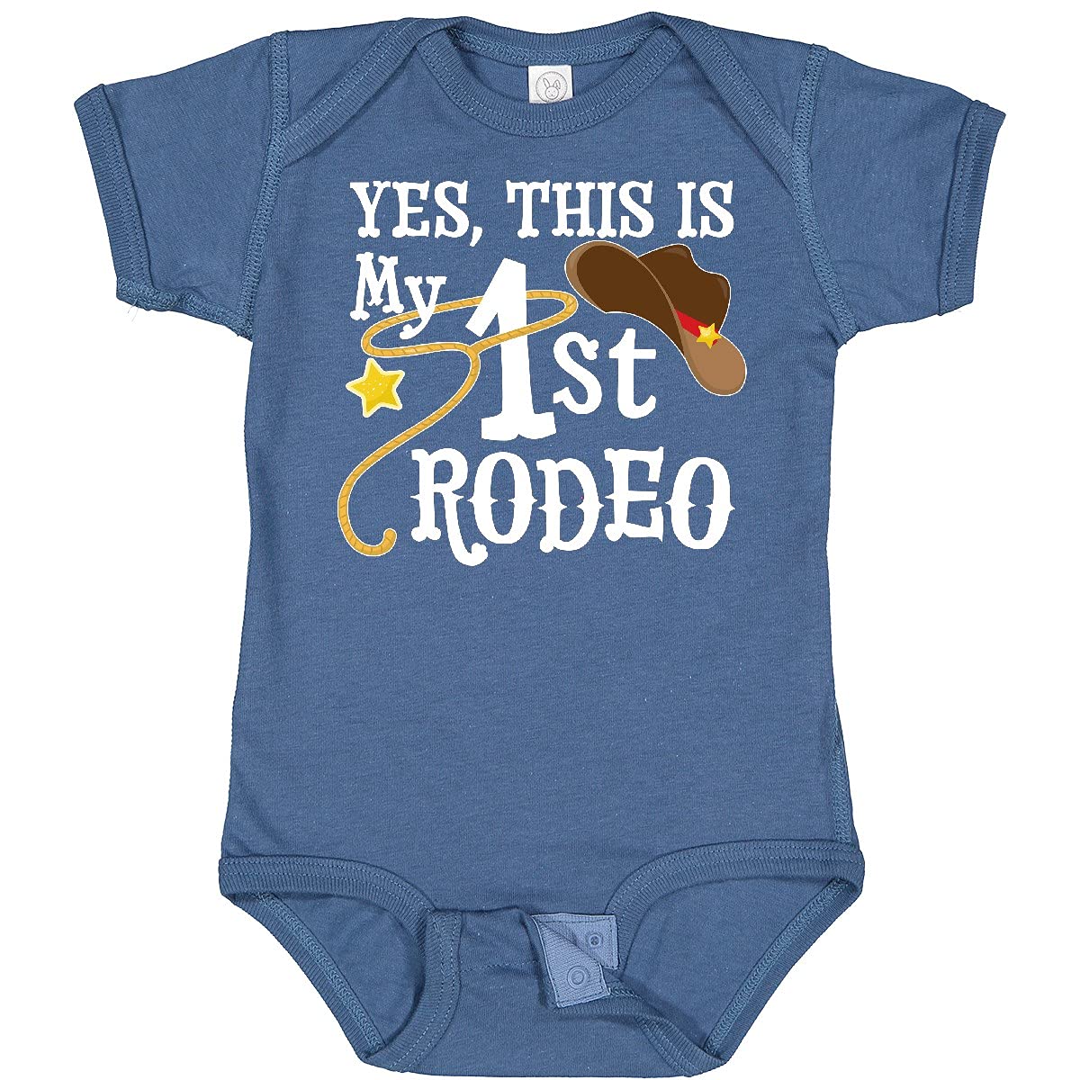 Inktastic 'Yes, This Is My 1st Rodeo' Cowboy Hat with Red Band Baby Bodysuit - Cute Western Outfit for Rodeo Events, Cowboy Theme Parties & Photo Shoots