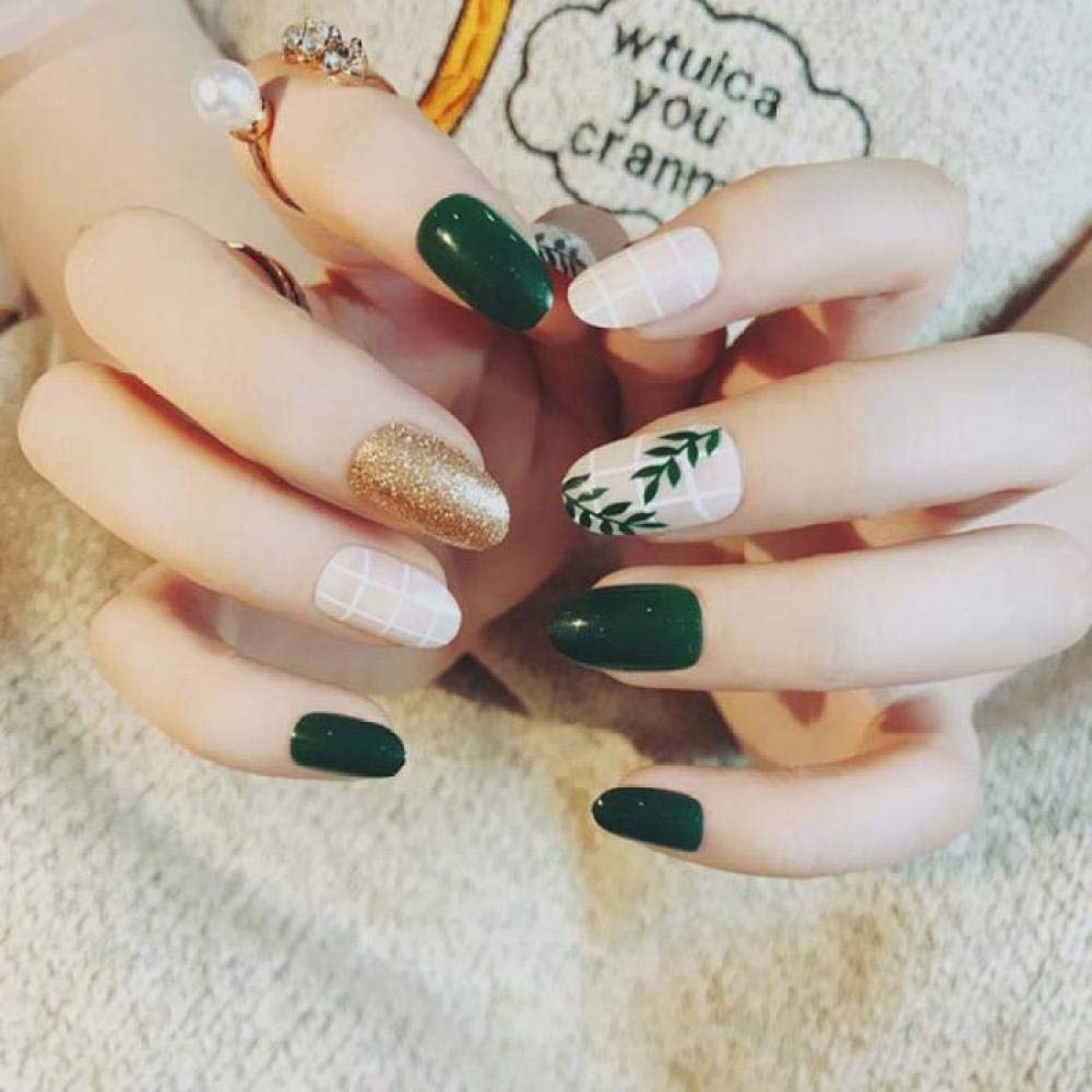 24Pcs Dark Green False Nails with Floral Design - Acrylic Full Cover Nail Tips for Women | Perfect for Parties, Weddings & Special Occasions