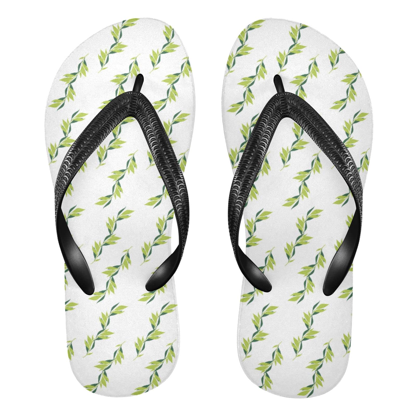 ACPIGGTO Women & Men Flip Flops - Elegant Leaf Floral Design Green & White Flat Slides | Summer Beach Sandals for Pool, Vacation, and Outdoor Wear