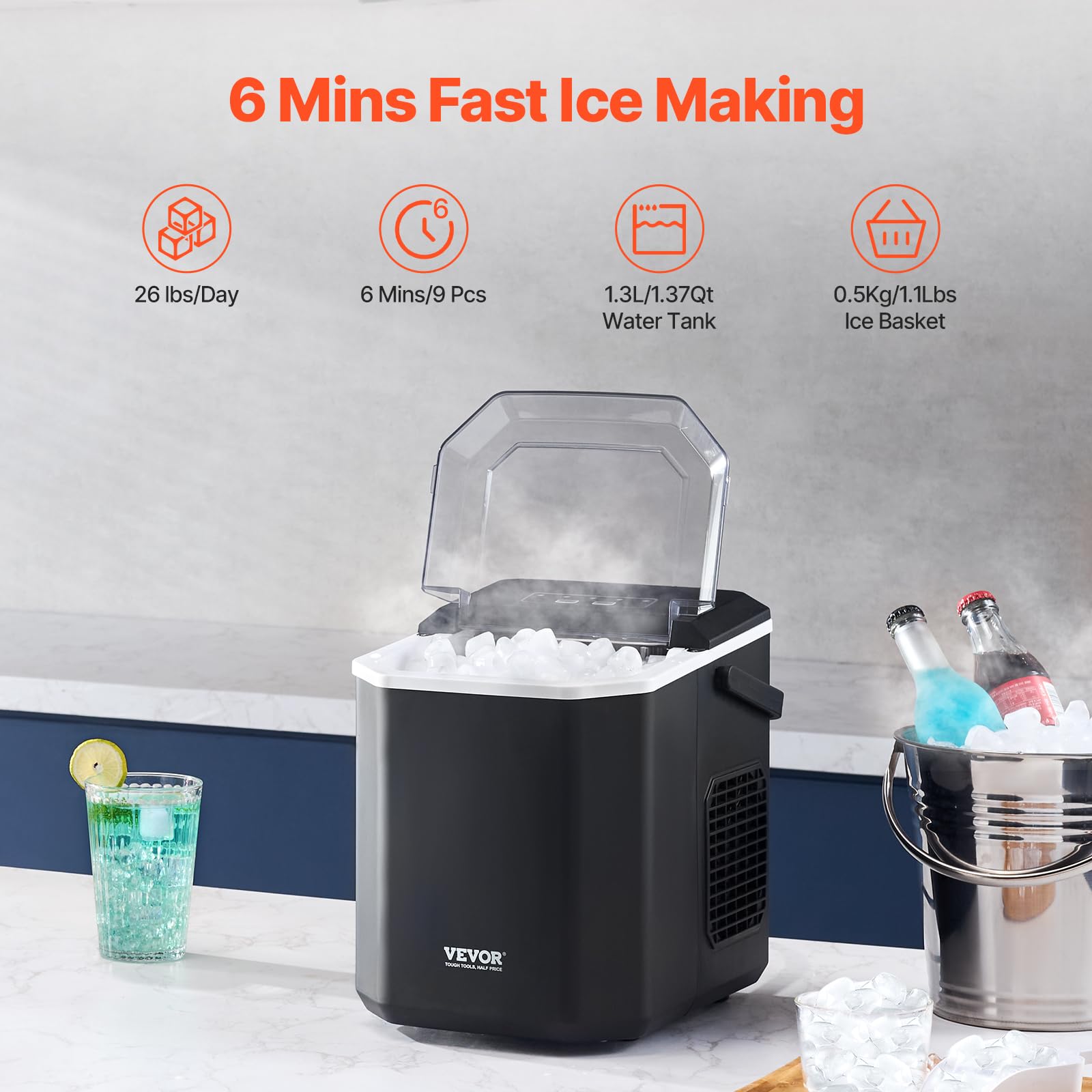 VEVOR Countertop Ice Maker Machine - 9 Cubes in 6 Minutes, 26lbs Daily, Self-Cleaning Portable Ice Machine with Scoop & Basket for Home, Kitchen, Office, Bar - Perfect for Cocktails, Beverages & Party Drinks