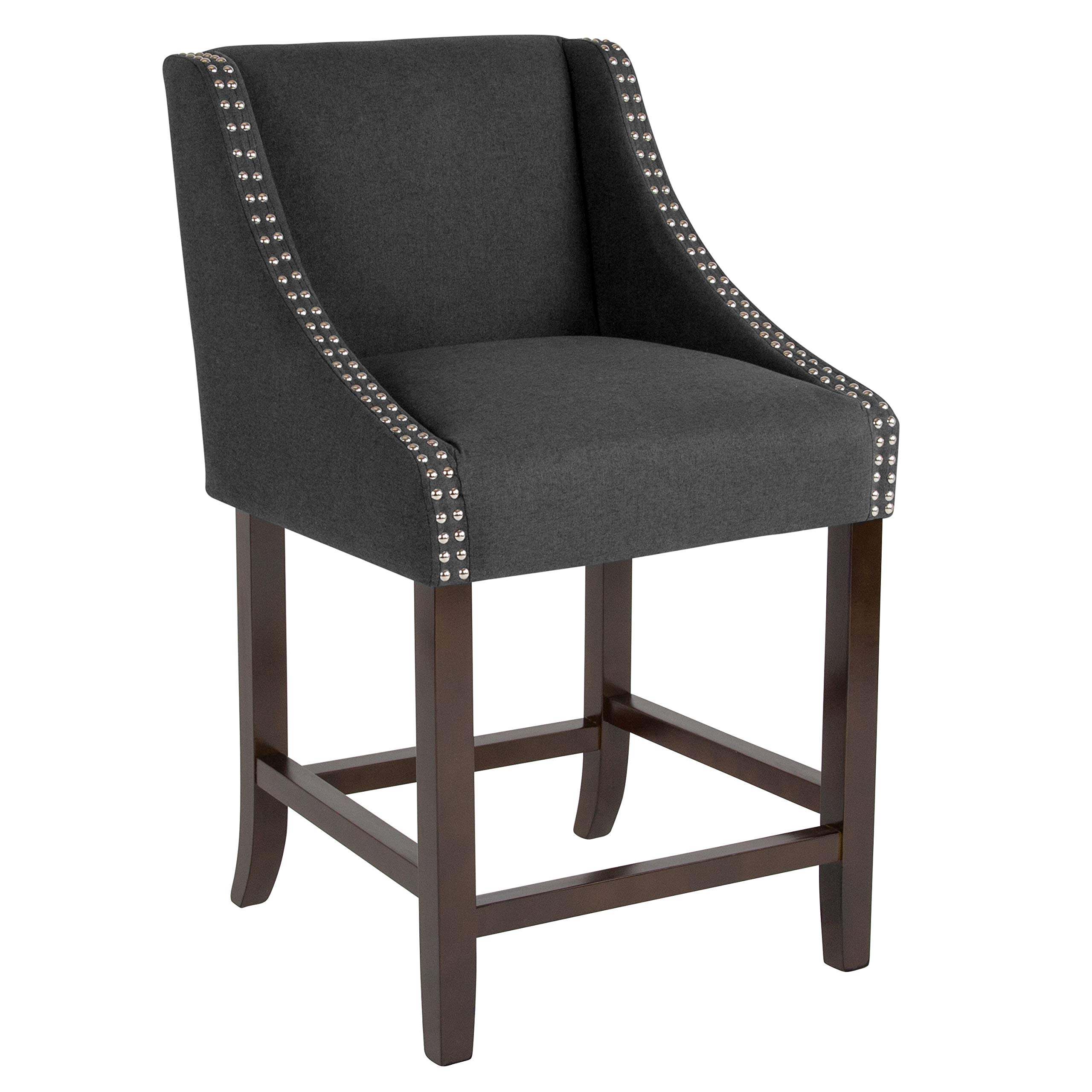 Merrick Lane Taylorsville 24 Inch Walnut Counter Height Bar Stool with Nailhead Trim - Charcoal Fabric Upholstered Dining Stool for Kitchen Island, Breakfast Nook & Home Bar