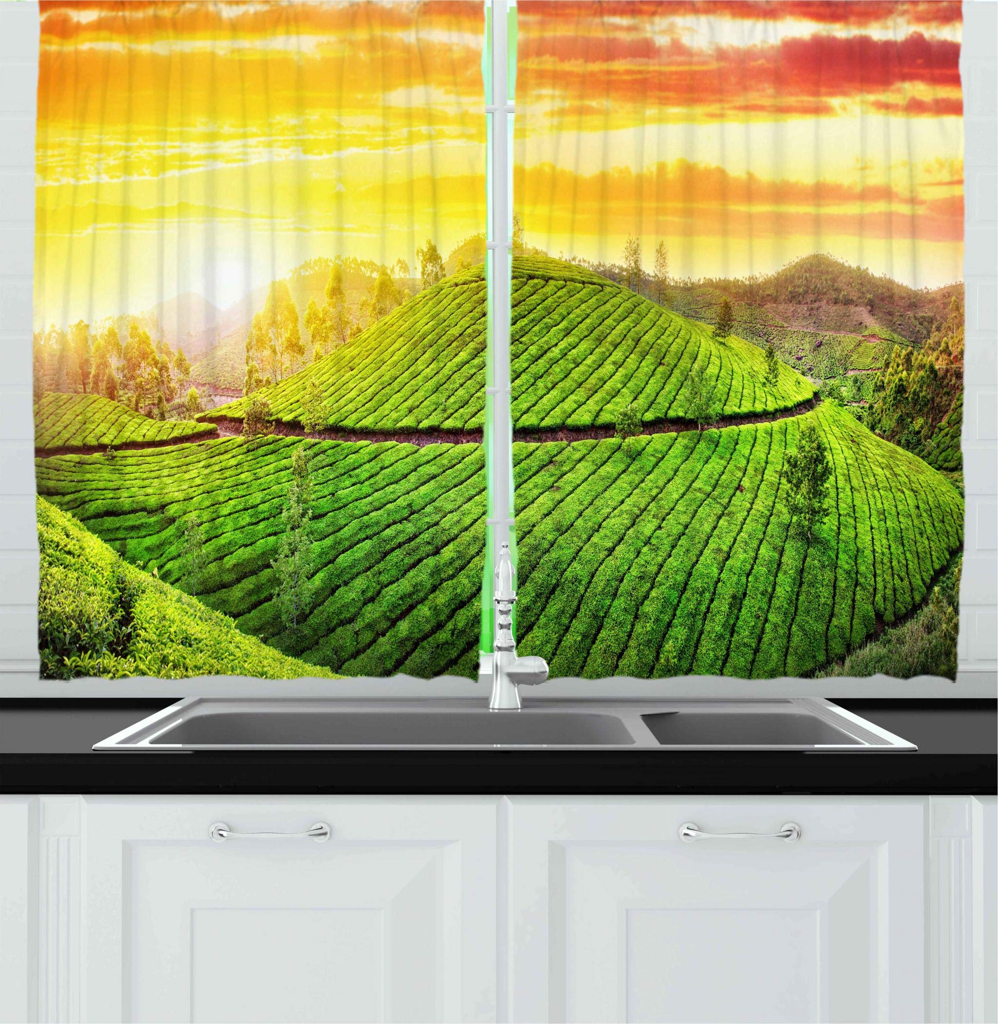 Ambesonne Country Kitchen Curtains - Sunset Fields Scenic Valley Print Window Drapes, 2 Panel Set 55