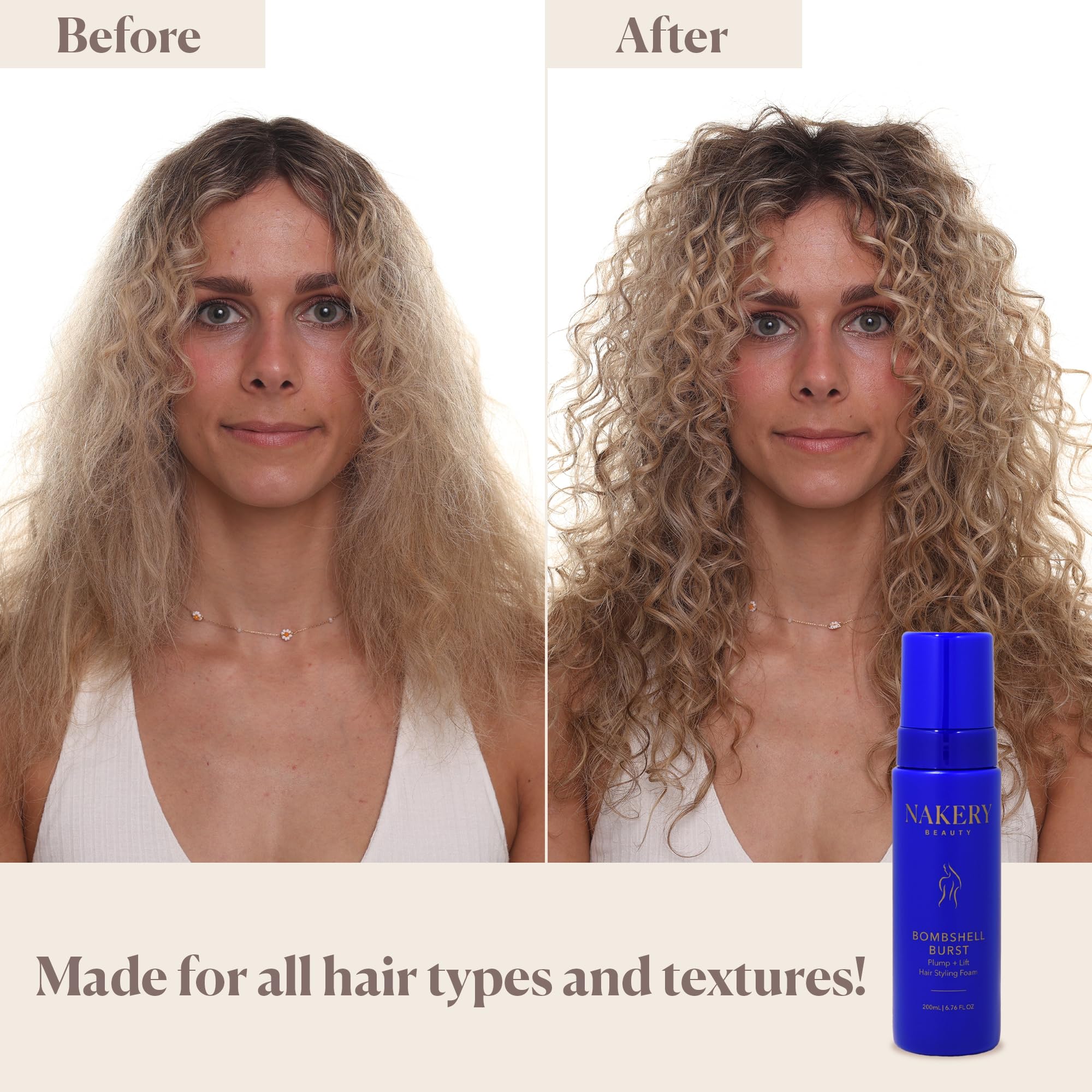 Nakery Bombshell Burst Volumizing Hair Foam Mousse - Biotin, Keratin & Panthenol Enriched Styling Foam for Curly, Straight & All Hair Types - Perfect for Daily Styling, Salon-Like Volume & Heat Protection