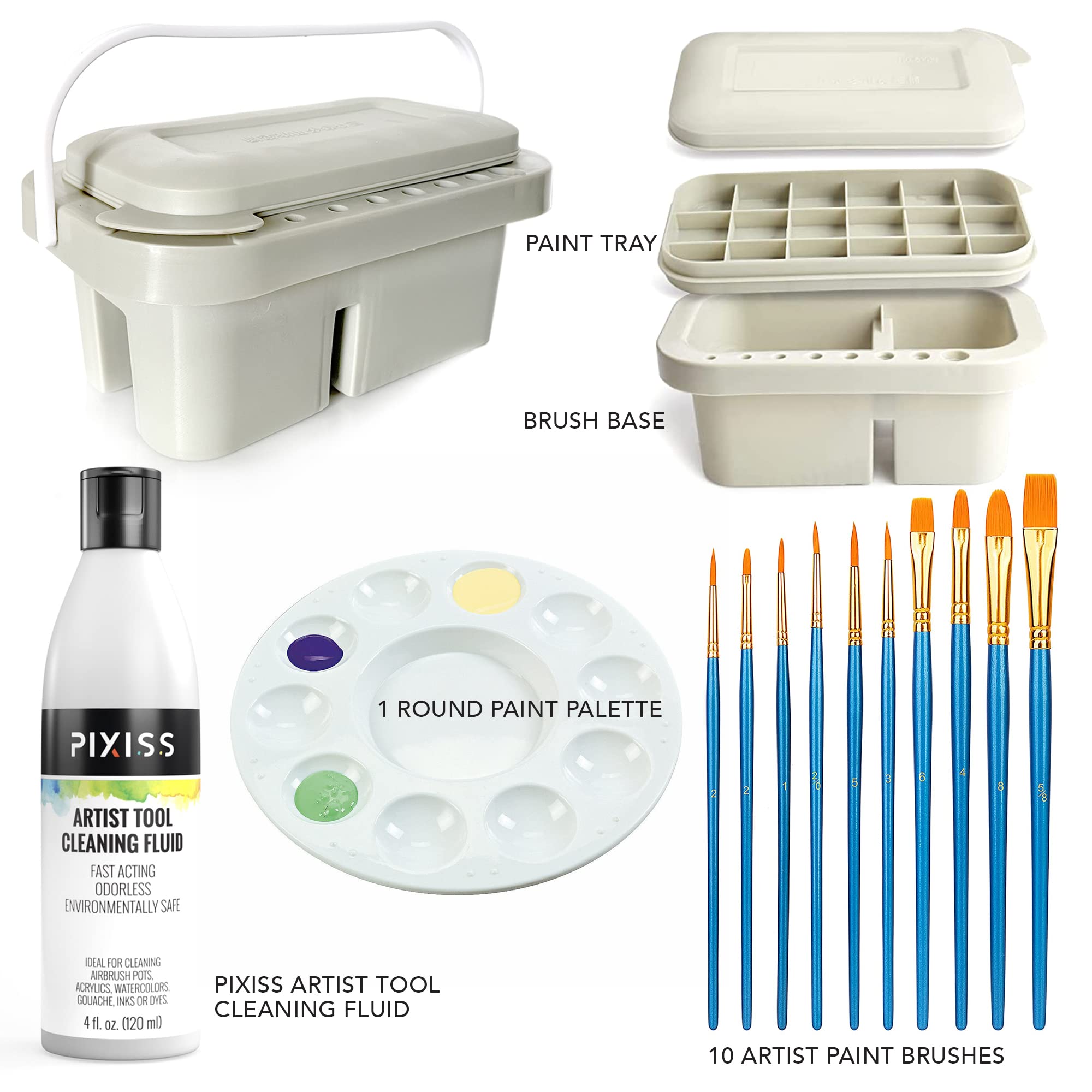 Pixiss Paint Brush Cleaner Basin - Professional Brush Rinser & Holder for Acrylic Painting with 4oz Cleaning Solution & 10 Brushes - Perfect for Artists, Hobbyists & DIY Projects