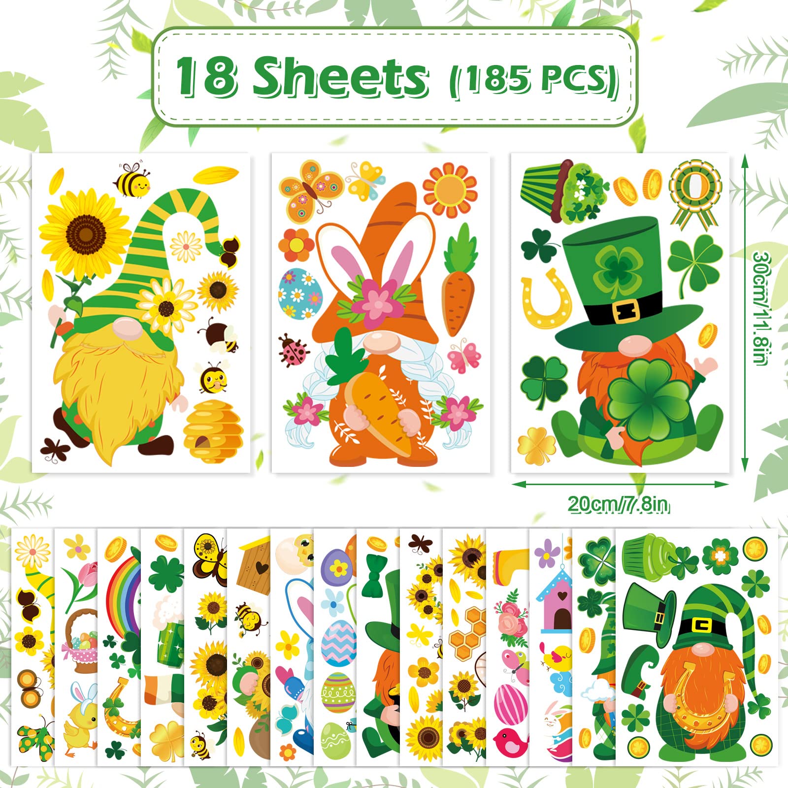 Whaline 18 Sheets Spring Window Clings - St. Patrick's Day & Easter Stickers with Cute Gnome, Sunflower, Bee, Shamrock, Bunny Eggs Decor for Home, School, Office - Party Supplies & Seasonal Window Decals (Perfect for Holiday Decorations, Classroom Activities & Festive Home Decor)