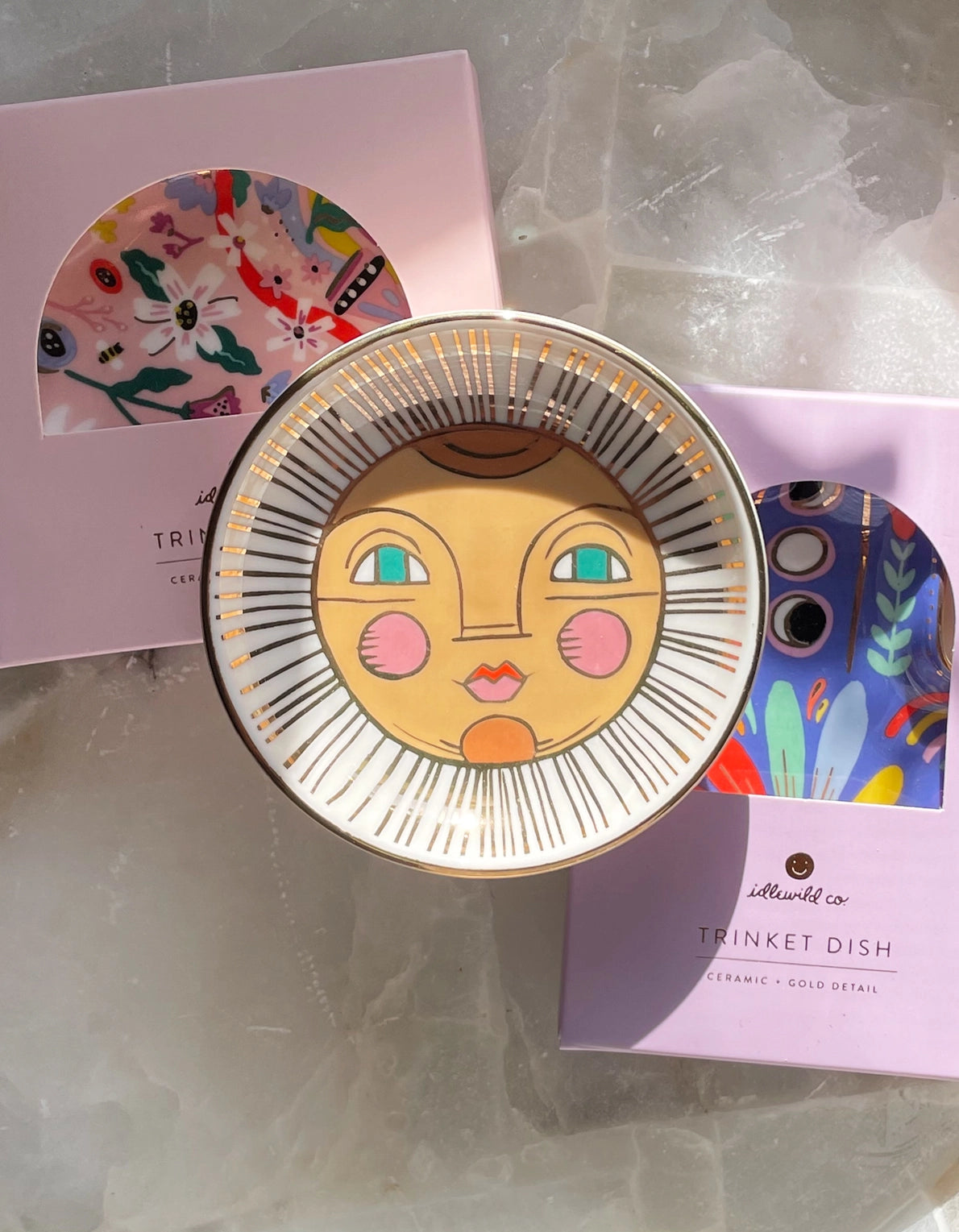 Hand Painted Ceramic Jewelry Dish with Gold Detail - Radiant Sun Trinket Tray for Rings, Earrings & Keys | Boho Home Decor & Vanity Organizer