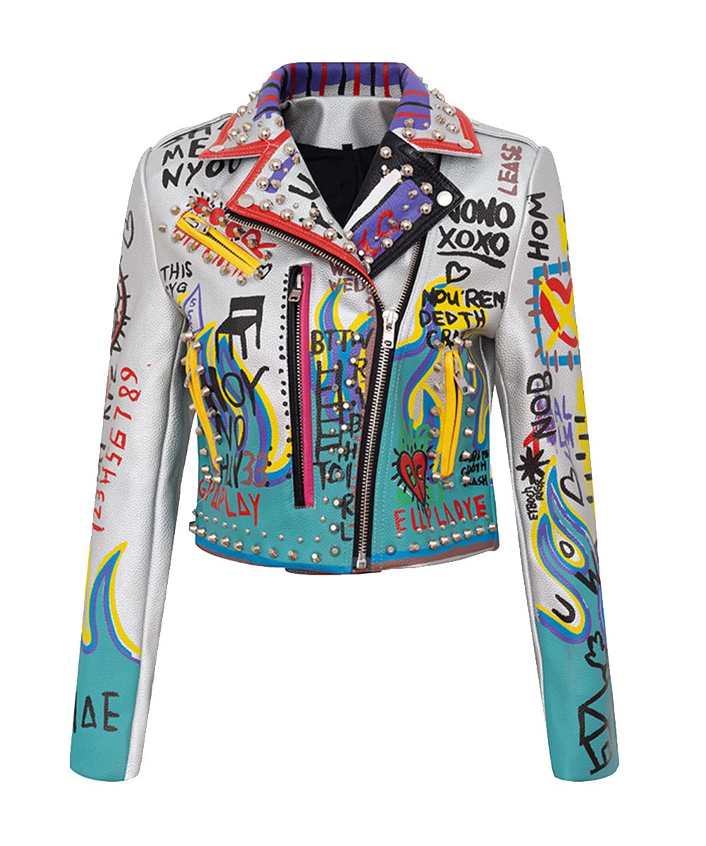 Women's Punk Rock Cropped PU Leather Jacket with Rivet Beaded Details & Cartoon Print | Stylish Biker Jacket for Concerts, Night Out & Street Fashion