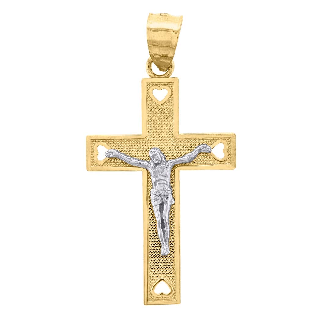 14K Gold Two Tone Cross Crucifix Love Heart Pendant Necklace for Men - 32.9mm Religious Jewelry Gift for Christmas, Baptism & Everyday Wear