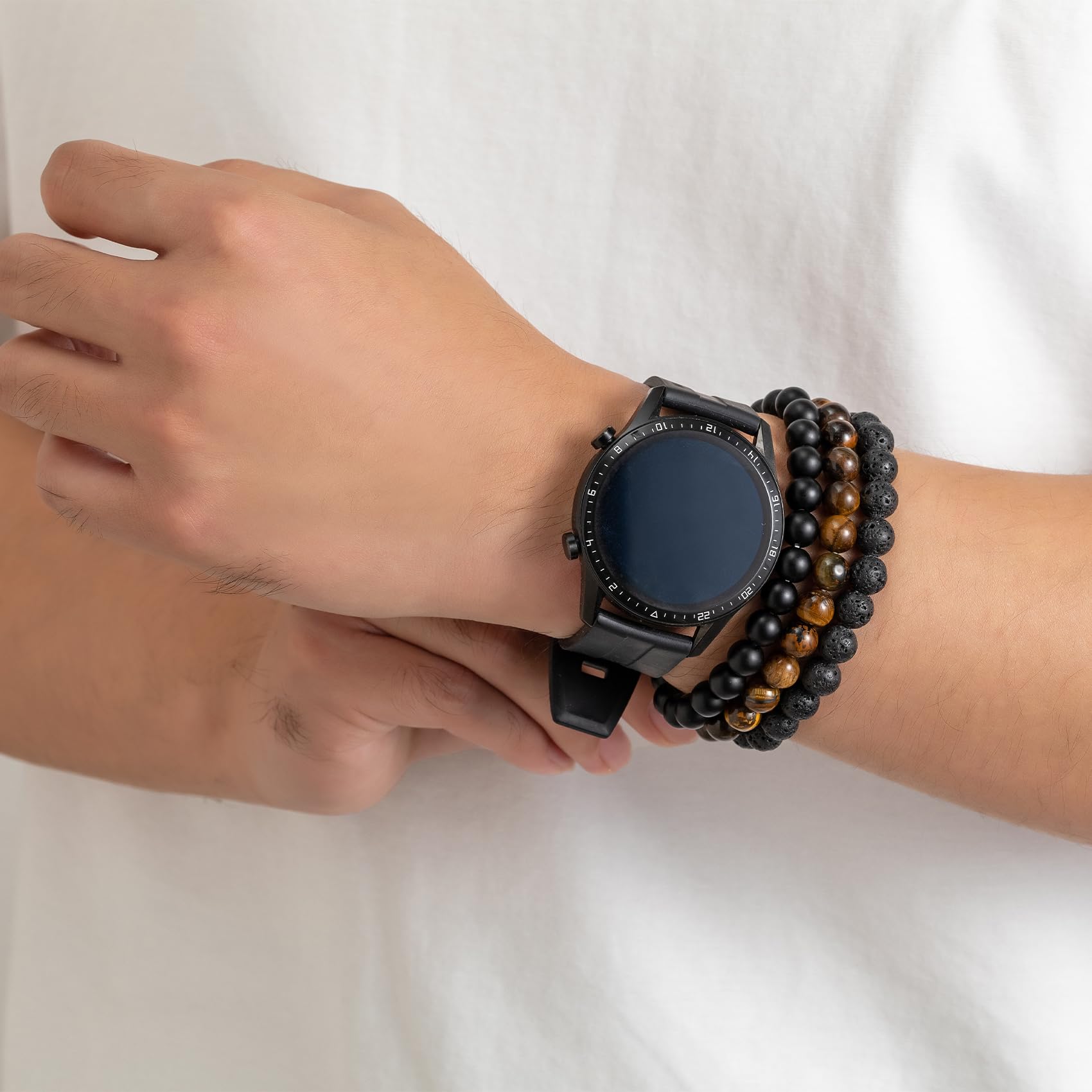 MOROTOLE Men's Beaded Bracelet Set - 8MM Natural Tiger Eye Stone & Lava Rock Stretch Bracelet with Black Crystal Beads - Adjustable for Wrist Sizes - Perfect Gift for Men, Father, Boyfriend, Brother - Ideal for Casual Wear, Office, and Outdoor Adventures