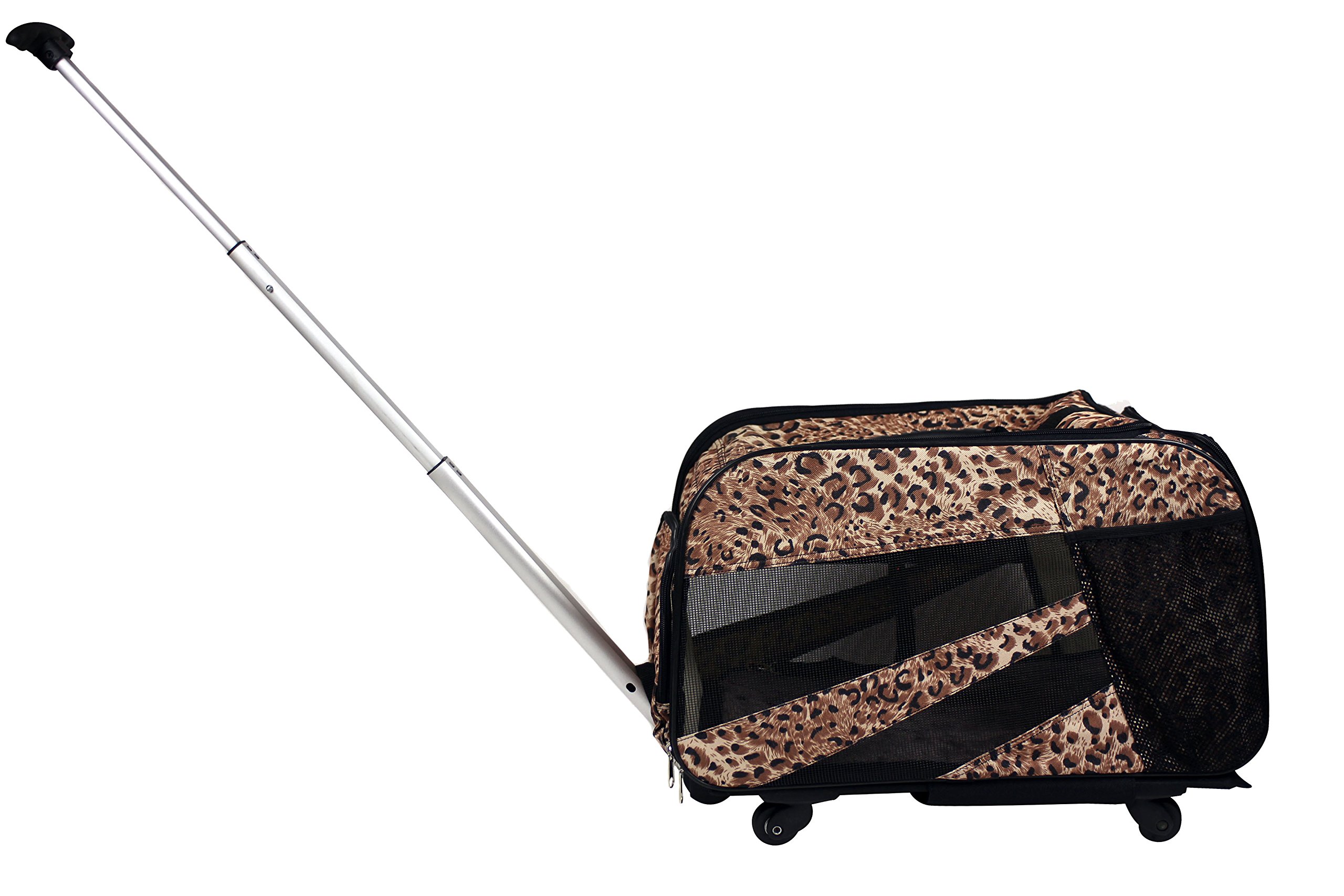 dbest Pet Smart Cart - Small Cheetah Print Rolling Pet Carrier with Wheels, Collapsible & Airline Approved Soft-Sided Travel Bag for Dogs & Cats - Perfect for Air Travel, Vet Visits & Outdoor Adventures