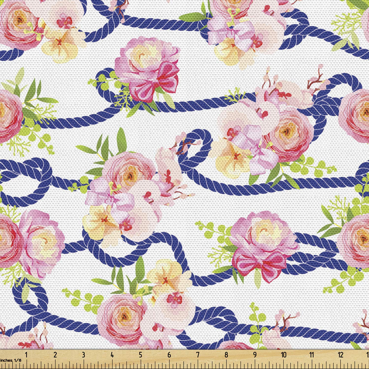 Ambesonne Navy and Blush Floral Fabric by The Yard - Twisted Blue Marine with Spring Roses & Orchids - Upholstery & Home Decor Fabric for Sofa, Curtains, Pillows - Navy Blue, Pink, Green Cotton Fabric for Living Room & Bedroom Decor
