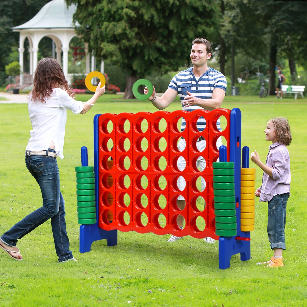 Jumbo 4 to Score Giant Board Game Set - 42 Oversized Rings with Quick Release Slider - Fun Family Game Night & Outdoor Party Activity (Blue)