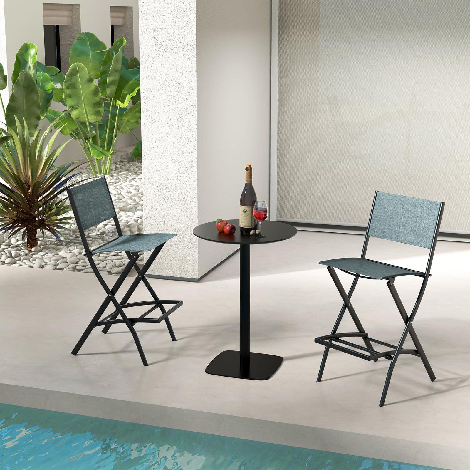 Giantex Set of 2 Folding Outdoor Bar Chairs - Counter Height Patio Stools with Backrest & Footrest, All-Weather Metal Frame for Porch, Deck, Garden - Light Blue | Perfect for Backyard BBQs, Poolside Lounging & Outdoor Entertaining