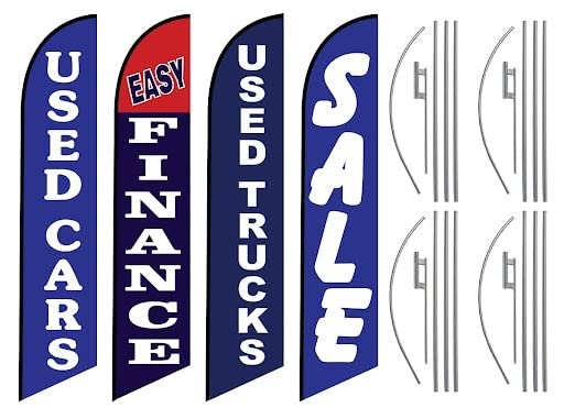 4 Pack Swooper Flags with Pole Kits - Blue & White Car Dealership Bunting for Auto Sales, Finance Events & Grand Openings - Perfect for Used Car Lots, Truck Sales & Promotional Events