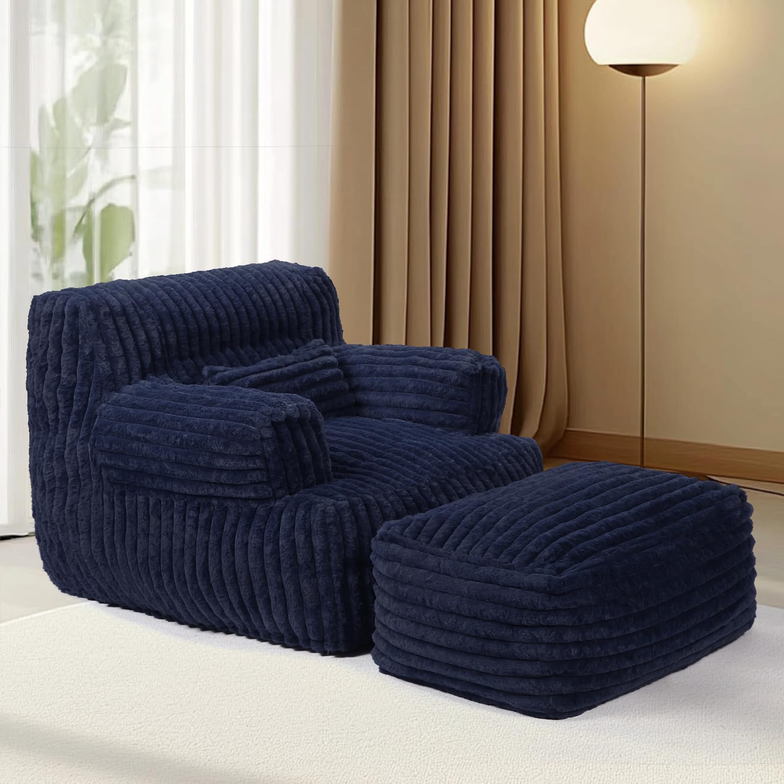 Extra Large Bean Bag Chair for Adults - Oversized Bean Bag Sofa with Ottoman, Ultra Comfortable Reading Chair for Dorm, Living Room & Bedroom (Navy Blue) - Perfect for Relaxing, Gaming & Movie Nights