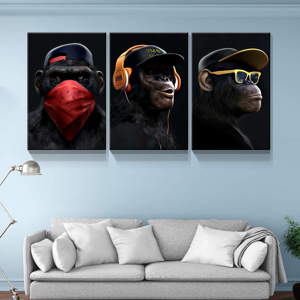 Denozer - 3 Piece Canvas Wall Art with Music Gorilla Design, Giclee Print Gallery Wrapped Ready to Hang, 24
