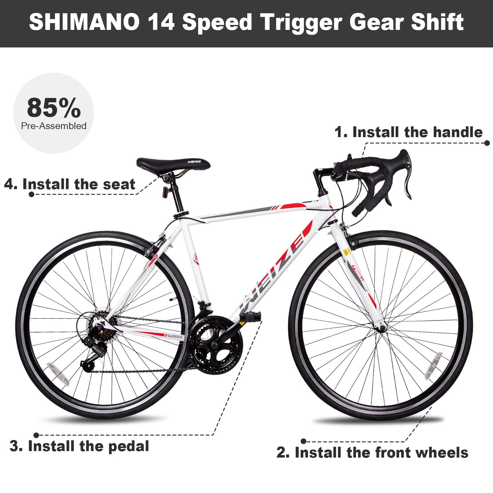 WEIZE 700C Road Bike - Shimano 14 Speed Commuter Bicycle with Drop Bar & Caliper Brakes - High Carbon Steel Hybrid Bike for Men & Women - Perfect for Urban Commuting, Fitness Riding & Weekend Adventures (White)