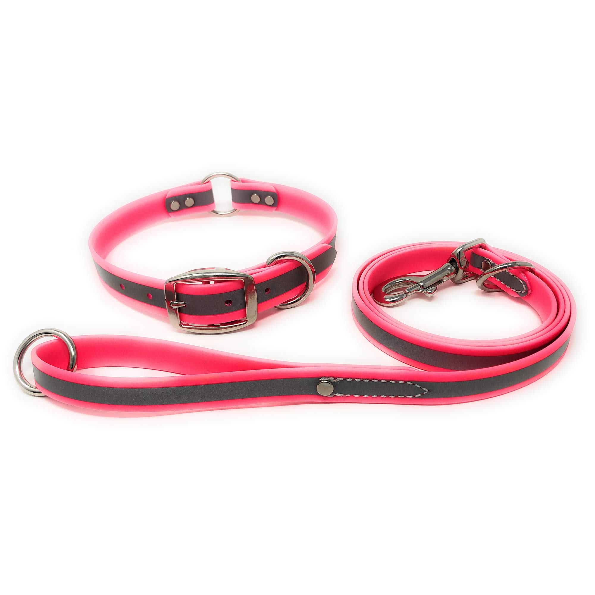 Regal Dog Products Medium Pink Reflective Dog Collar and Leash Set - Waterproof Biothane Training Collar with Heavy Duty D-Ring & 5ft Leash for Small Medium Large Dogs - Perfect for Night Walks, Jogging and Outdoor Adventures