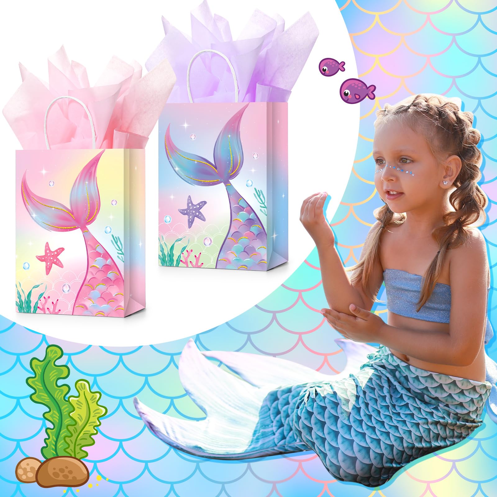 16 Pcs Mermaid Birthday Gift Bags with Tissue Paper - Mermaid Theme Party Favors, Goodie Bags for Candy & Treats - Perfect for Mermaid Themed Birthday Parties, Baby Showers & Ocean Decorations
