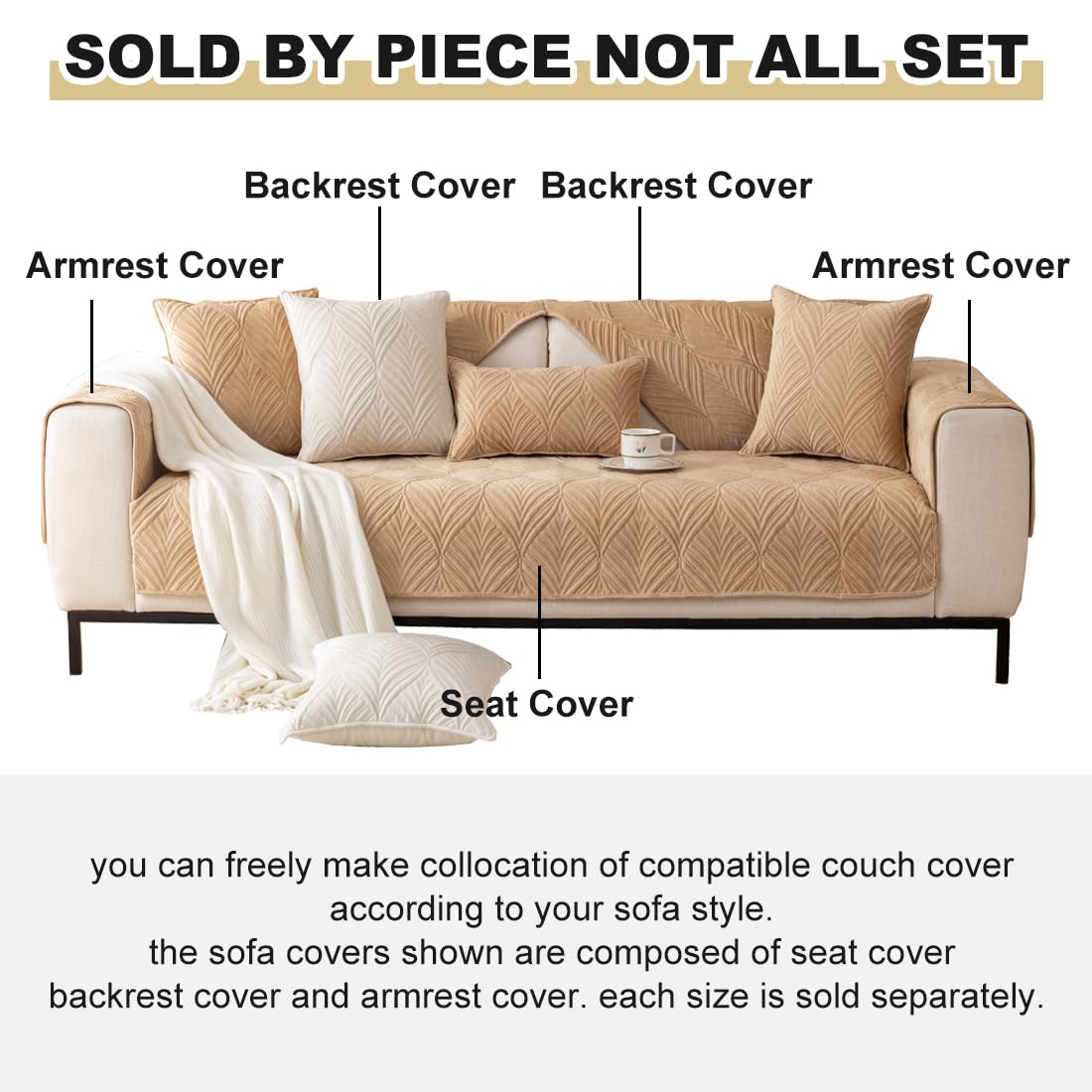 VCTOPS Super Soft Velvet Quilted Sofa Cover - Non-Slip Sectional Couch Protector with Leaf Pattern, Plush Furniture Slipcover for Living Room, Pets & Kids (Camel, 43