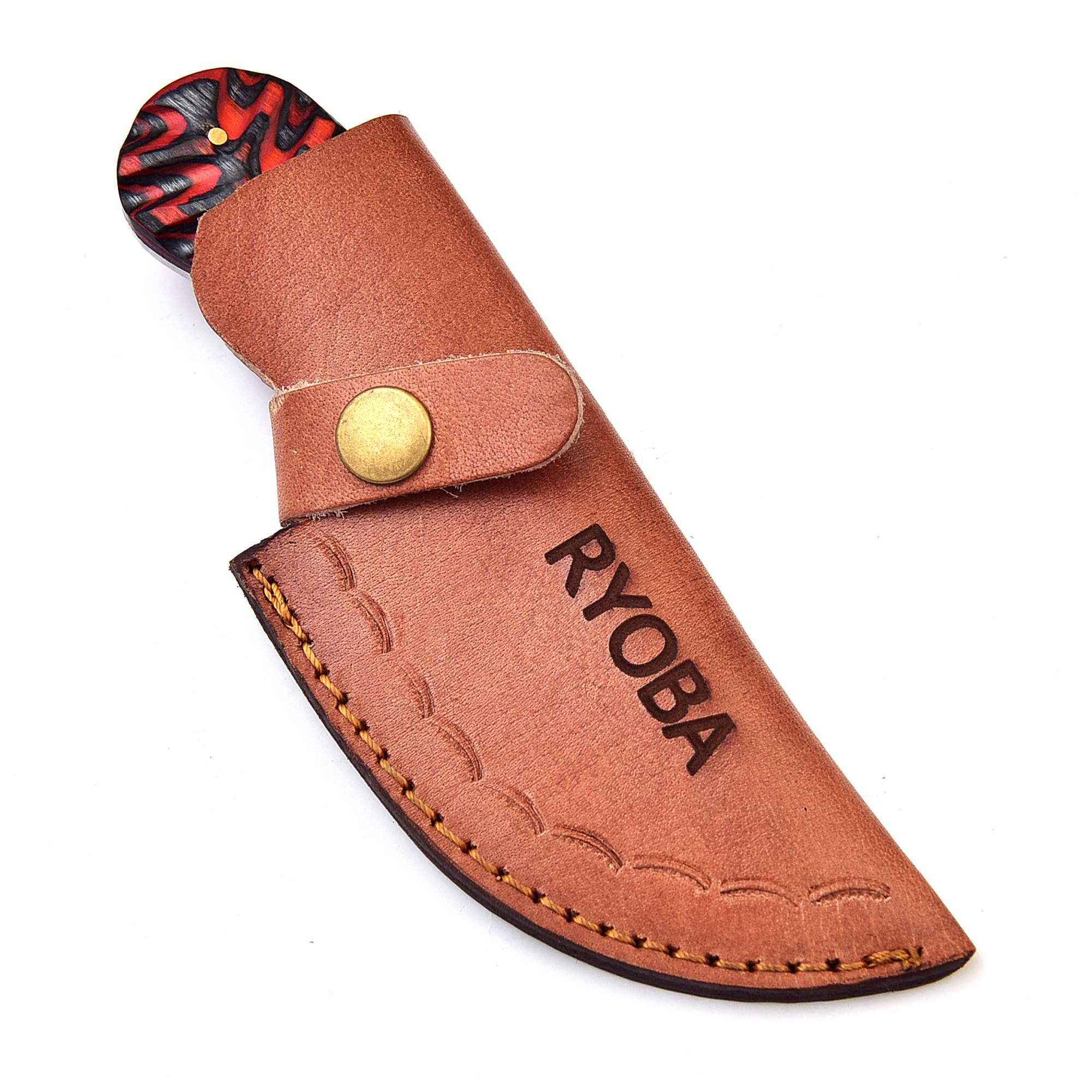 RYOBA Damascus Skinning Knife with Gut Hook - Handmade Damascus Steel Fixed Blade Hunting Knife - Orange/Black - Perfect for Field Dressing, Big Game Hunting & Outdoor Survival
