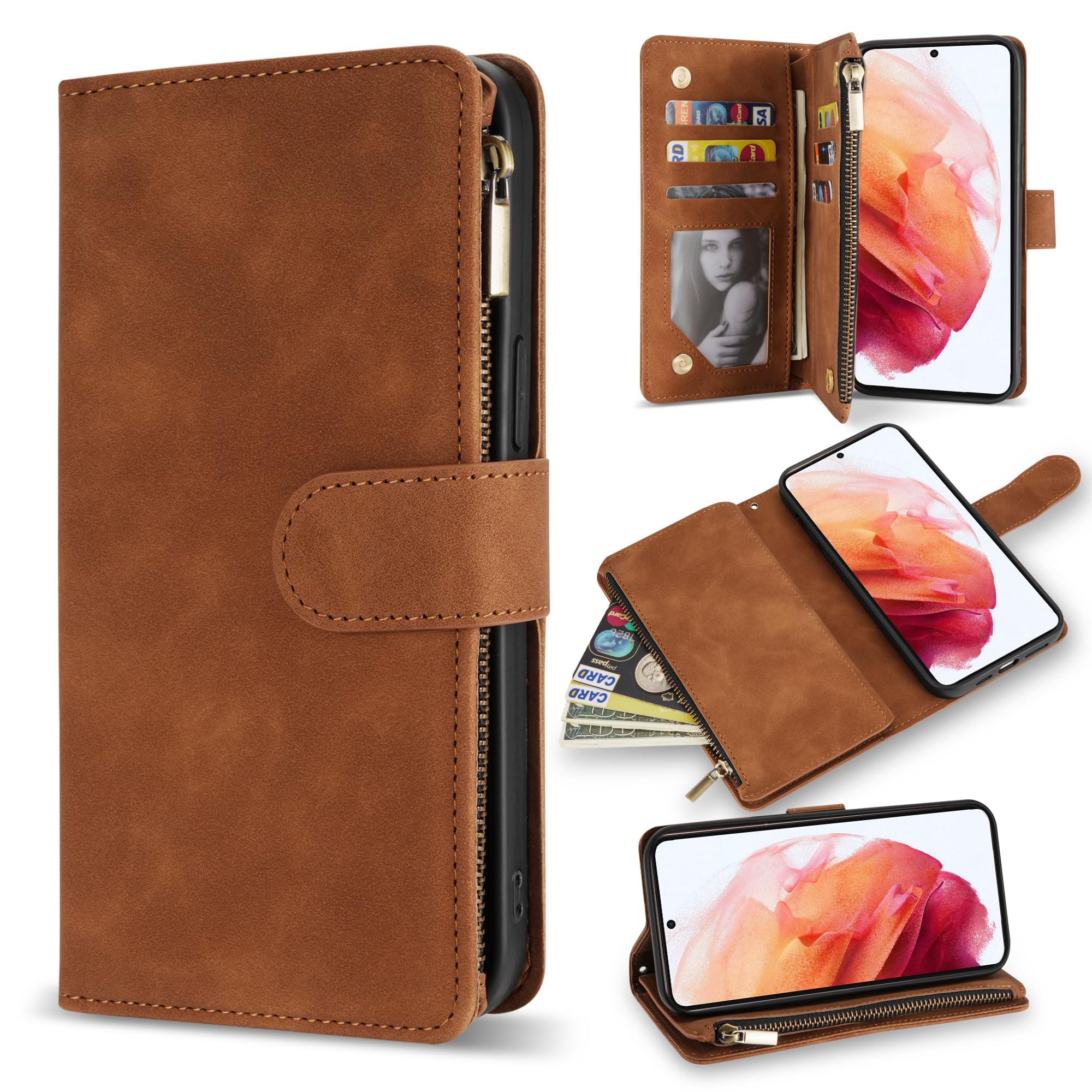 Premium Soft PU Leather Wallet Case for Samsung Galaxy S21 (6.2 inch) - Card Slot, Zipper Flip Folio, Wrist Strap & Kickstand | Protective Cover for Everyday Use, Travel & Business Meetings (Brown)