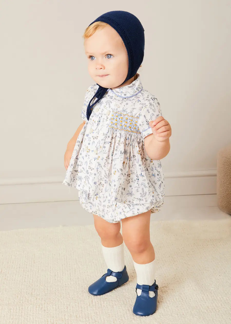Ellis Liberty Print Hand Smocked Short Sleeve Baby Shirt - Blue Floral Cotton Top for Boys & Girls (6 Months to 4 Years) | Perfect for Spring Outfits, Family Photos & Special Occasions
