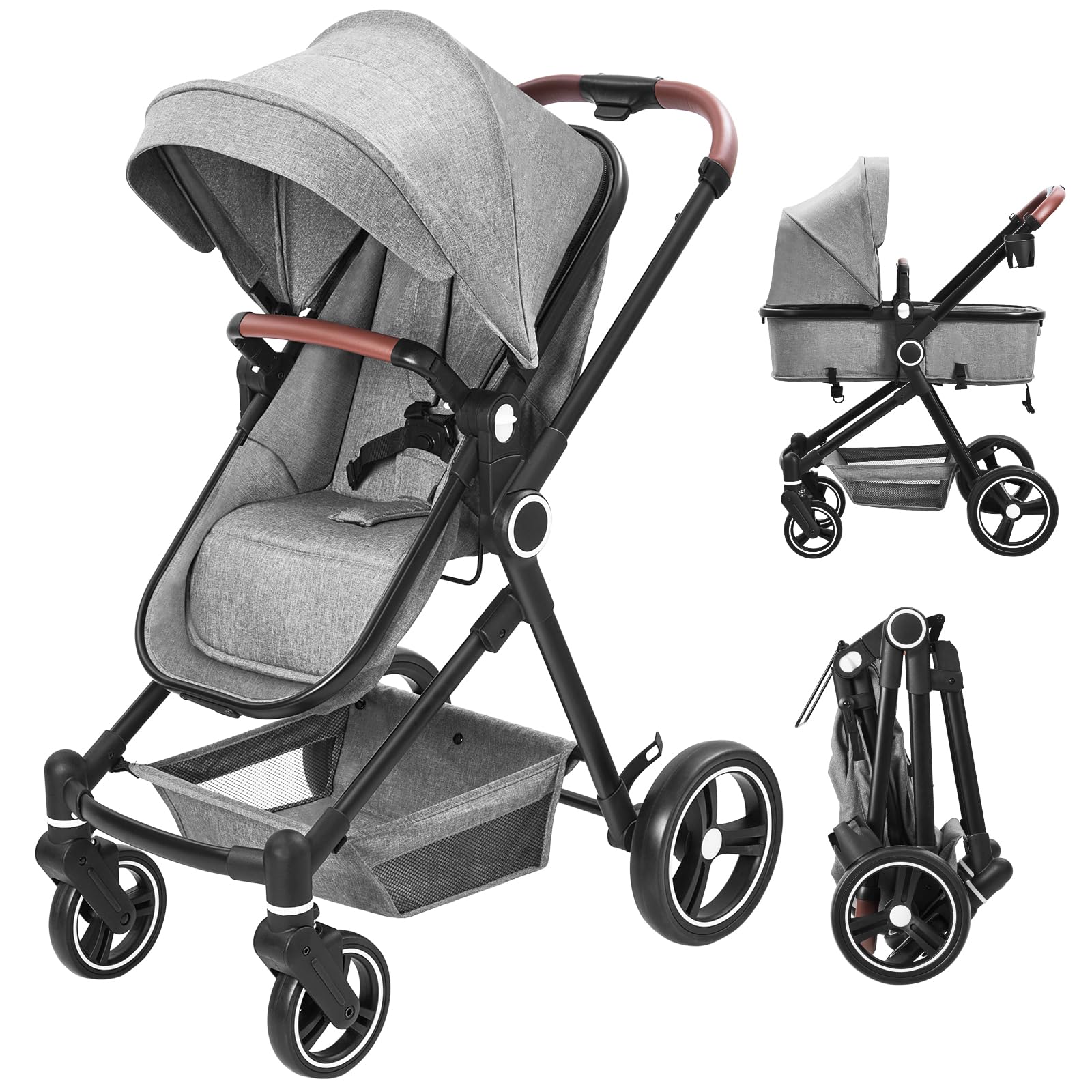 GAOMON 2-in-1 Baby Stroller with Reversible Bassinet | Adjustable Backrest & Foldable Lightweight Design | Shock-Absorbing Aluminum Alloy Frame for Newborns & Infants (Light Gray) | Perfect for Park Walks, Shopping & Travel