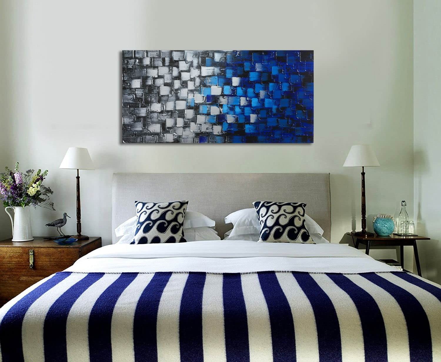 Large Textured Abstract Canvas Wall Art - Hand Painted Modern Dark Blue & Silver Squares Oil Painting - 60x30 Inch Framed Ready to Hang - Perfect for Living Room, Bedroom & Office Decor