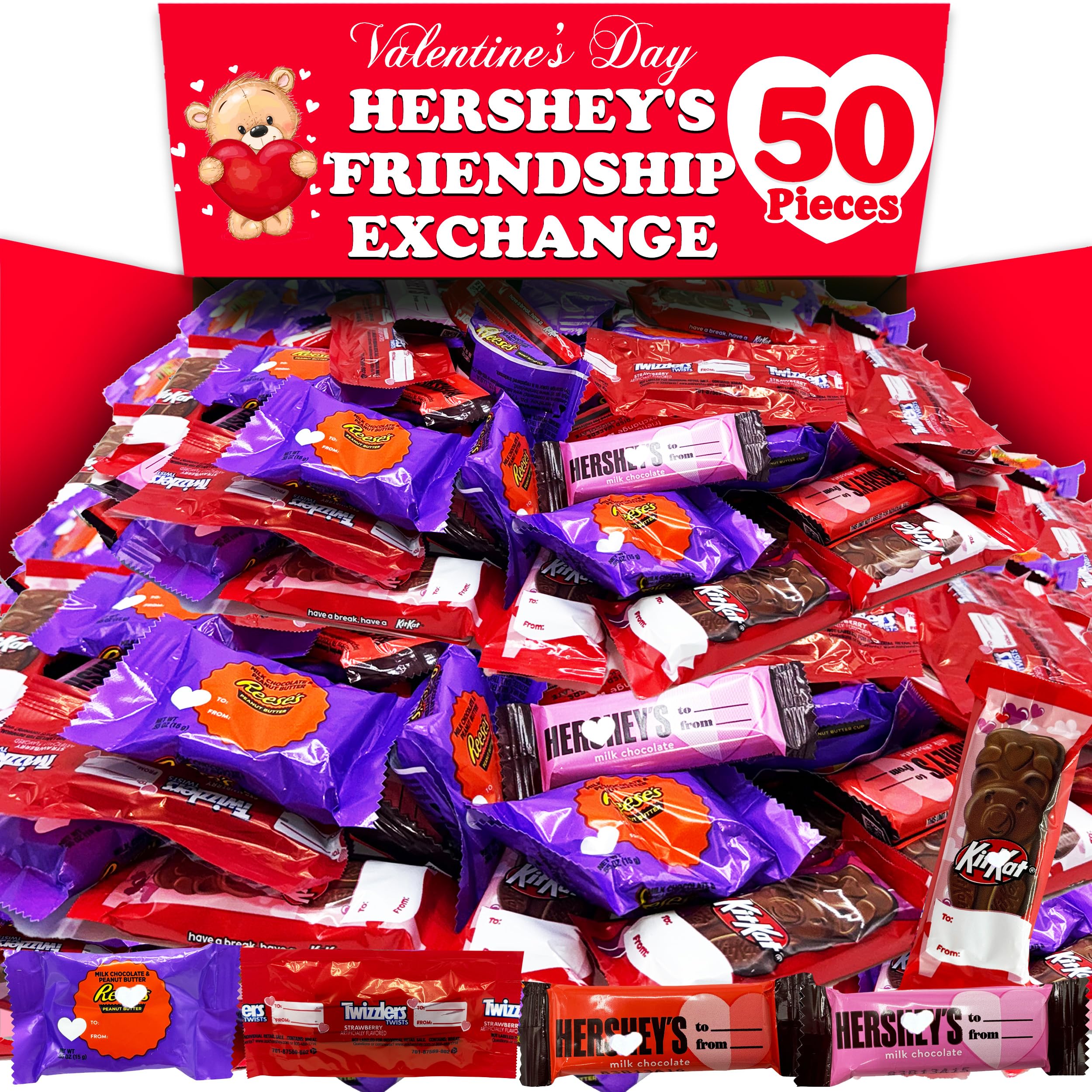 Valentine's Day Candy Assortment - 50 Pc HERSHEY's Snack Size Mix with Milk Chocolate Bars, REESE's Peanut Butter Cups, Bear Shaped Wafers & Twizzlers - Perfect for Classroom Exchanges, Party Favors & Gift Bags