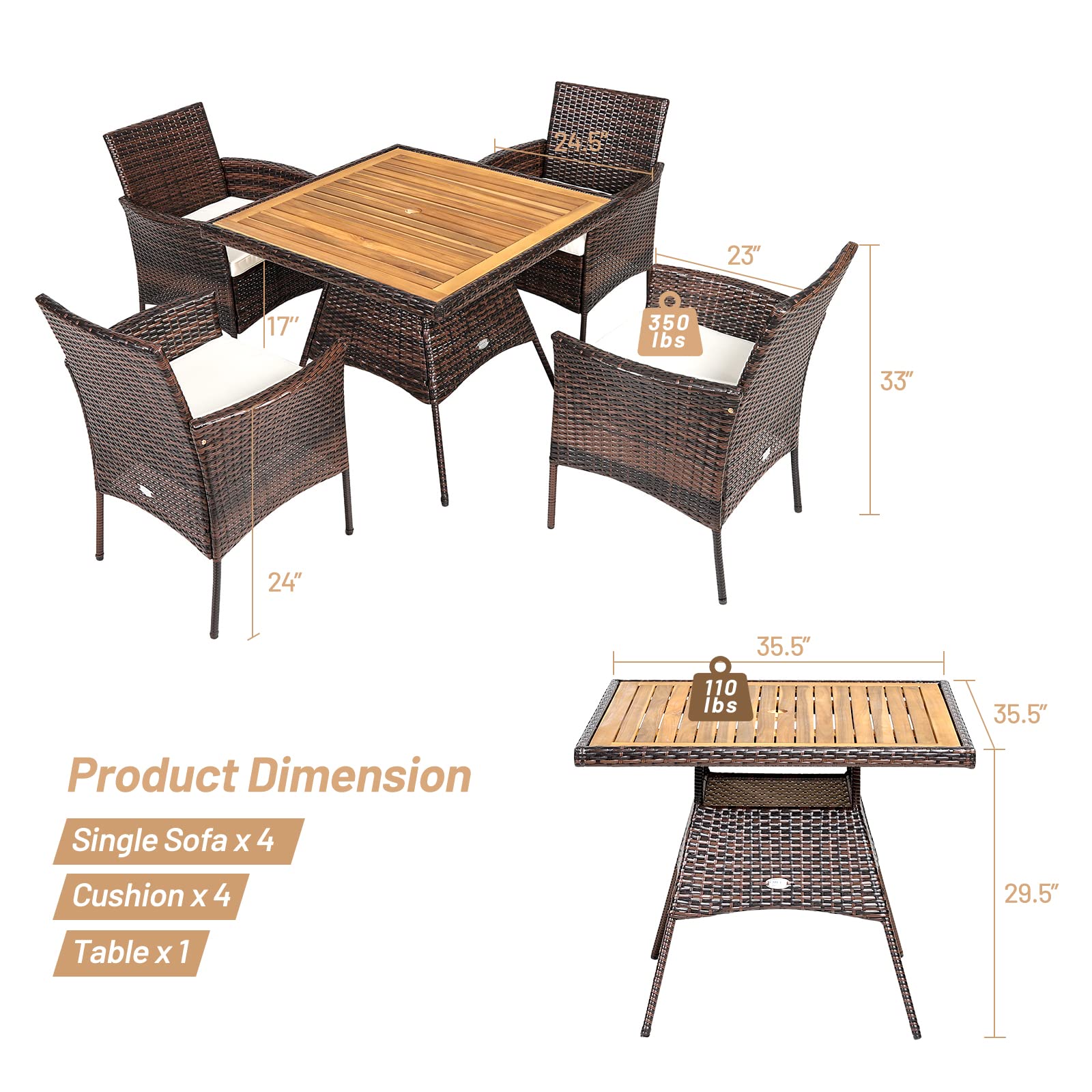 Tangkula 5-Piece Wicker Patio Dining Set - Acacia Wood Outdoor Furniture with 4 Arm Chairs & 1 Table, Rattan Conversation Set with Cushions & Umbrella Hole - Perfect for Backyard, Garden, Porch, Poolside & Outdoor Entertaining