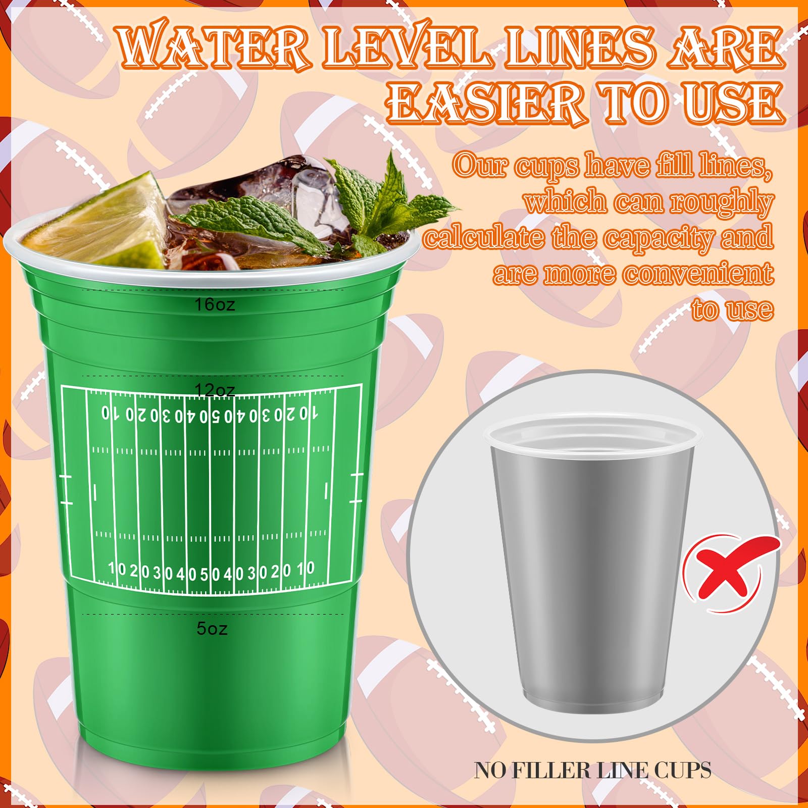 48-Pack Football Party Cups - 16oz Thick Plastic Disposable Cups for Hot & Cold Drinks - Perfect for Football Themed Parties, Tailgates, Super Bowl Gatherings & Game Day Celebrations