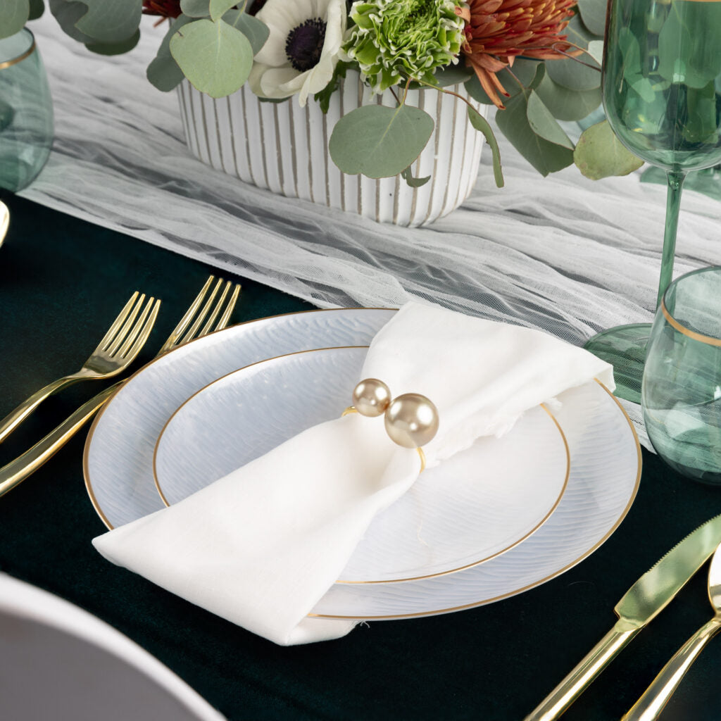 24-Pack Pearl & Gold Rim Round Plastic Dinnerware Set for 12 Guests - Elegant Disposable Plates for Parties, Weddings & Events - Shatterproof & Stylish Tableware for Indoor/Outdoor Dining