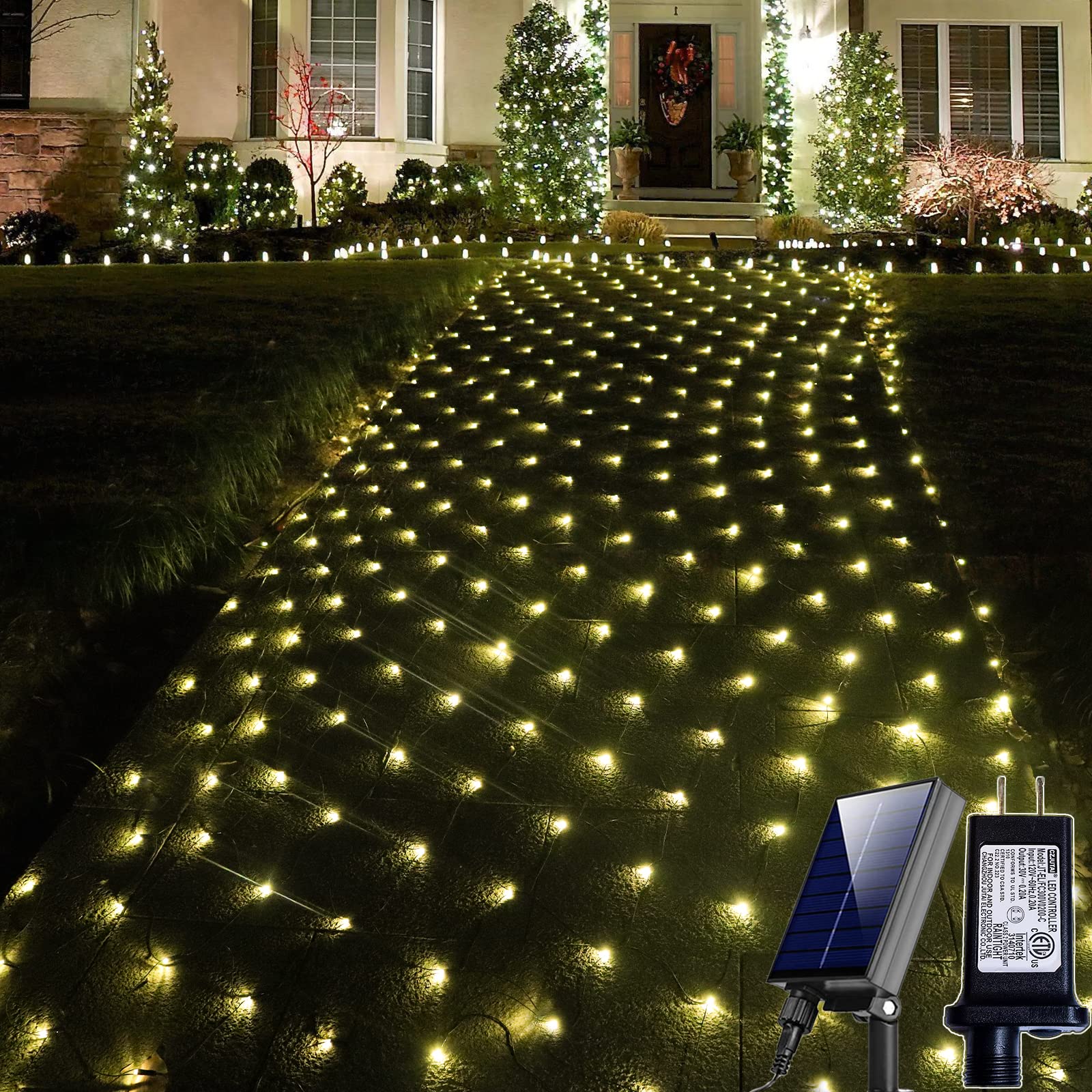 240 LED Solar Net Lights Outdoor Waterproof - 11.5ft x 5ft Warm White Mesh Lights with Remote & 8 Modes, Dual Power Supply for Bushes, Trees, Patio, Garden - Perfect for Christmas Decorations & Year-Round Landscape Lighting