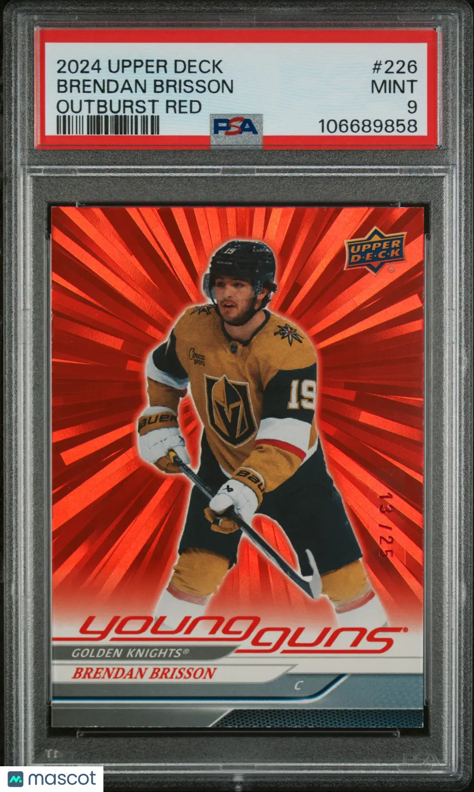 2024 Upper Deck Series 1 Brendan Brisson Young Guns Rookie Card Red Outburst PSA 9 /25 - Rare Hockey Collectible for Sports Fans & Card Investors