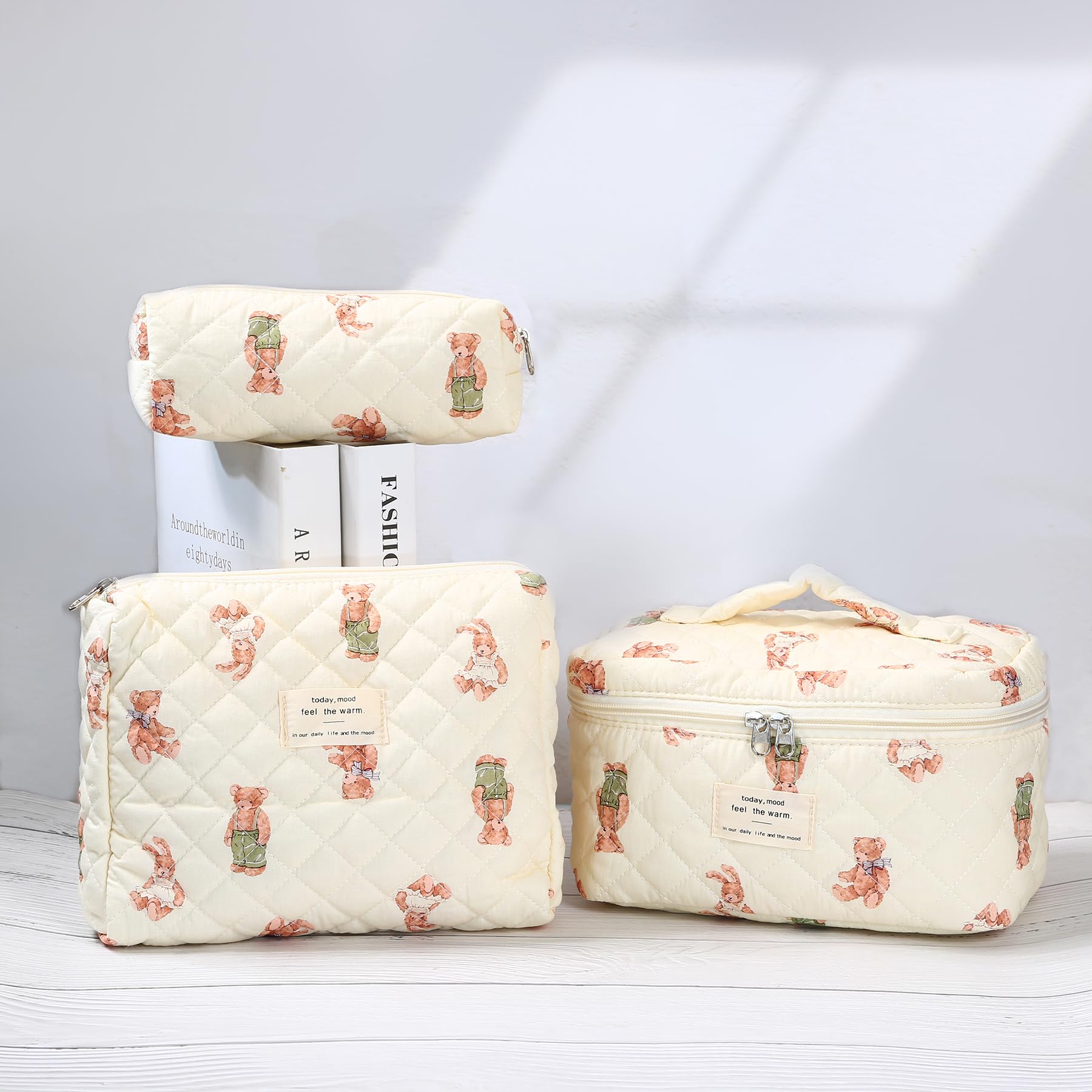 3Pcs Floral Makeup Bag Set - Cotton Quilted Travel Cosmetic Organizer for Women | Perfect for Travel & Daily Use