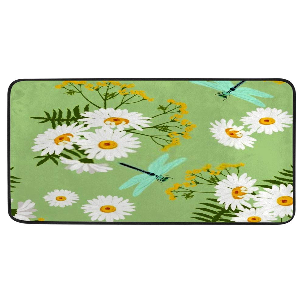 Non-Slip Waterproof Kitchen Rug - 39x20 Inch Anti-Fatigue Standing Mat for Chefs, Distressed Runner with Chamomile Dragonfly Design - Soft Polyester Carpet for Home Decor | Perfect for Kitchens, Restaurants & Food Prep Areas