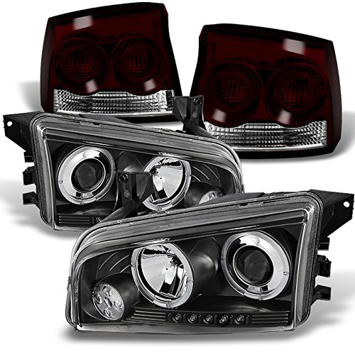 AKKON Black Halo Angel Eye LED Projector Headlights + Dark Red Tail Lights Combo for 2009-2010 Dodge Charger - Upgrade Your Car's Style & Night Visibility (Perfect for Night Driving, Car Shows & Custom Builds)